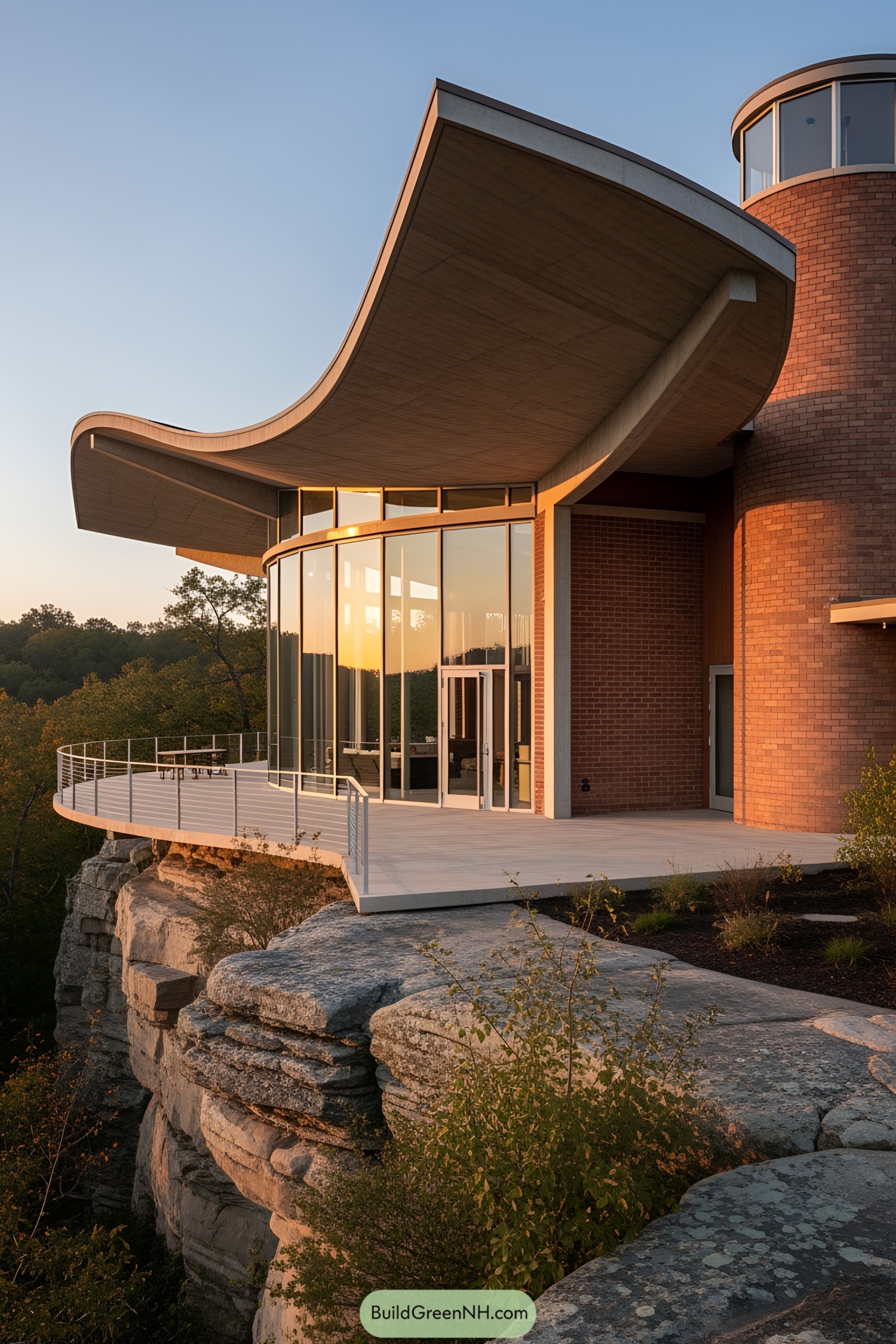 Modern house with curved roof on a rocky cliff
