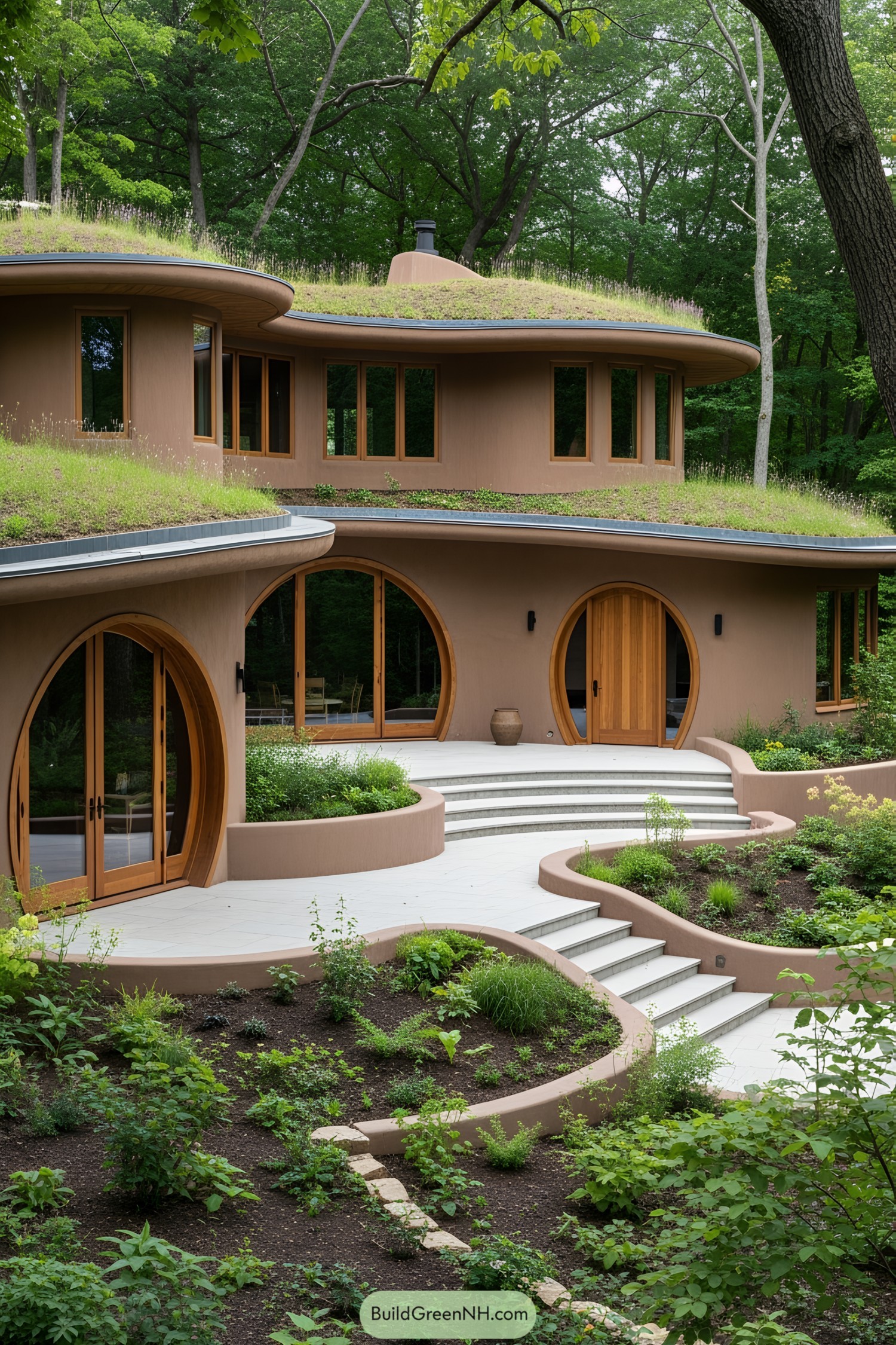 Earth-covered round house with arched windows and lush surroundings