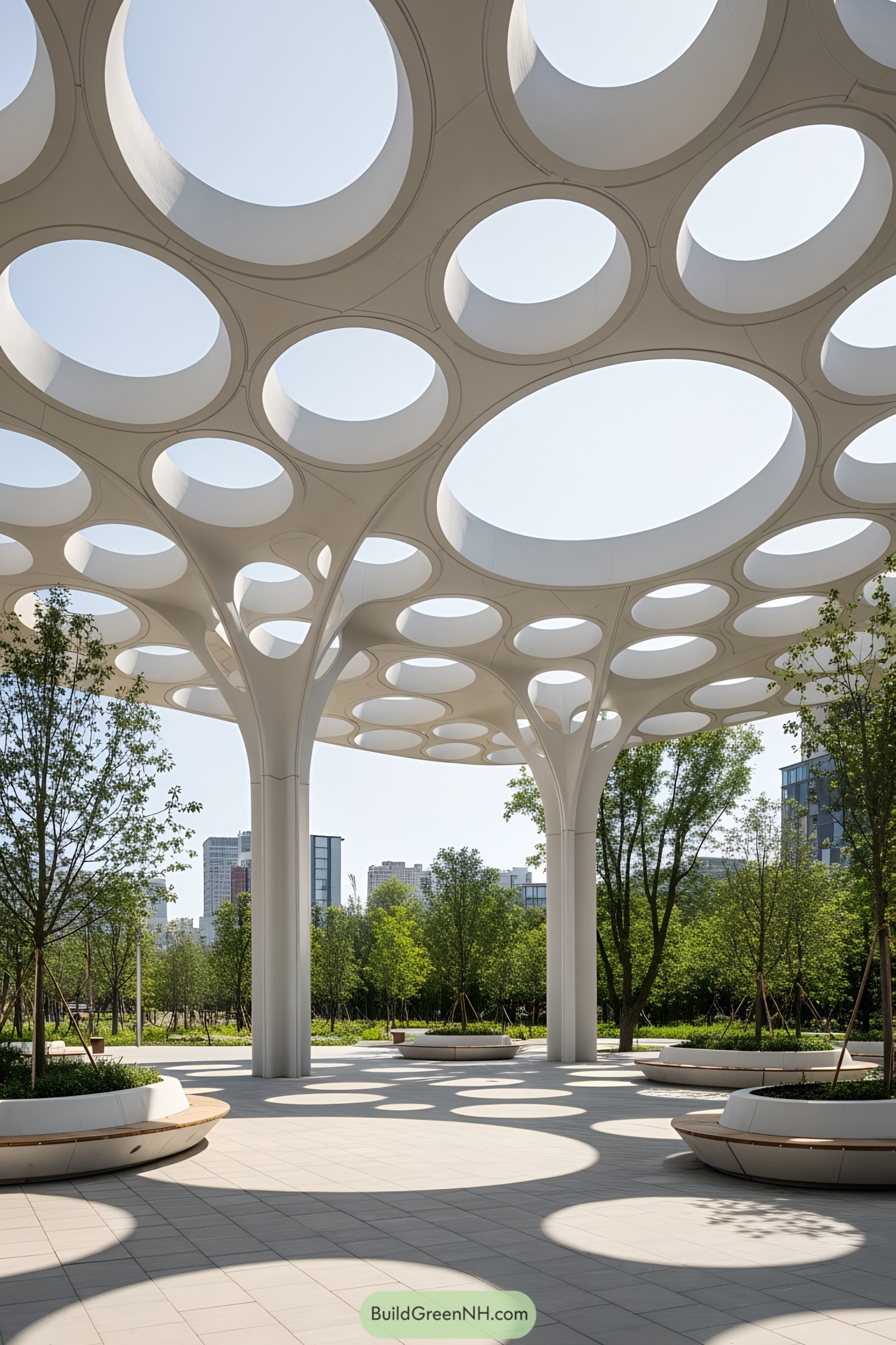 White, modern canopy with circular cutouts above a plaza