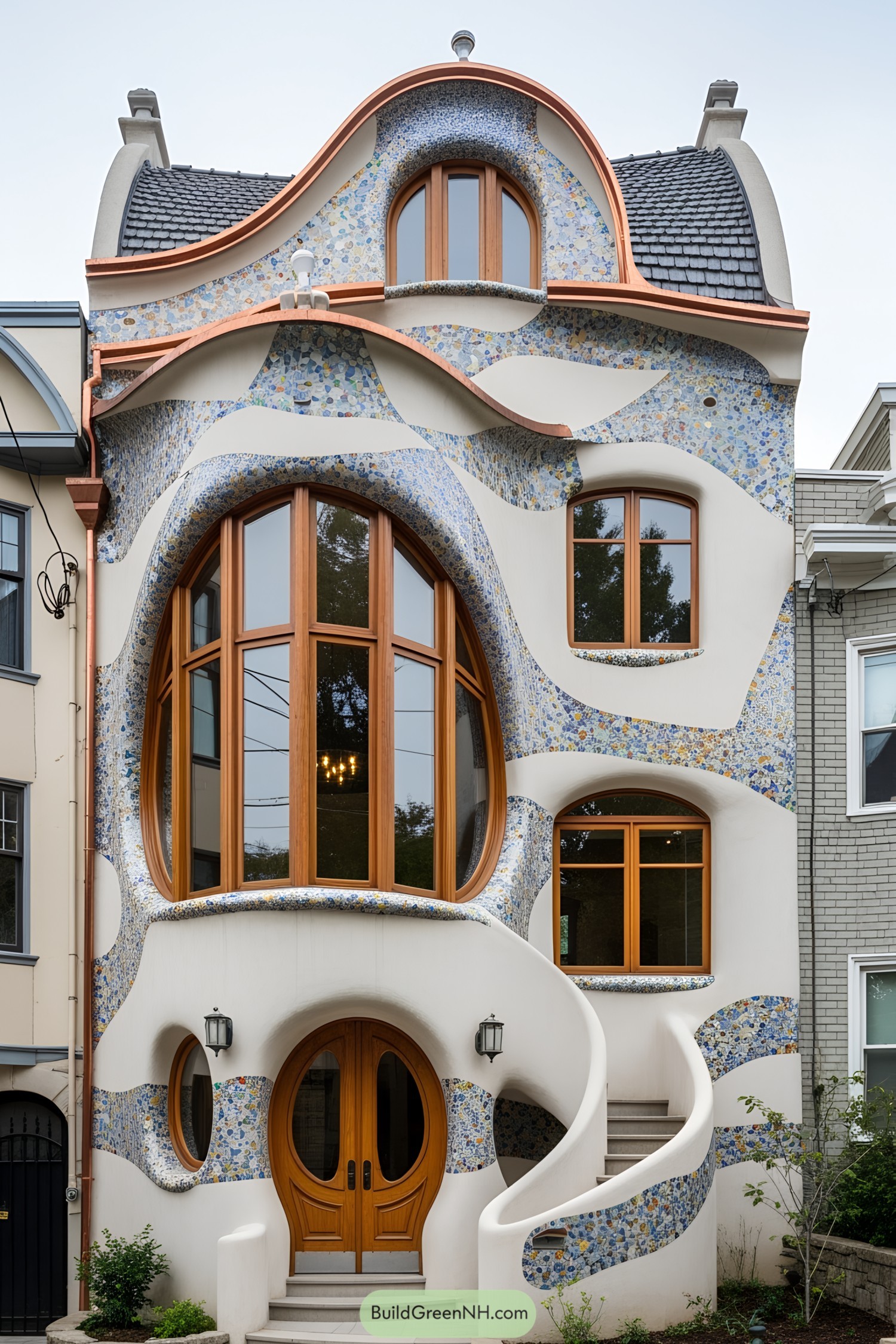 Quirky house with colorful mosaic façade