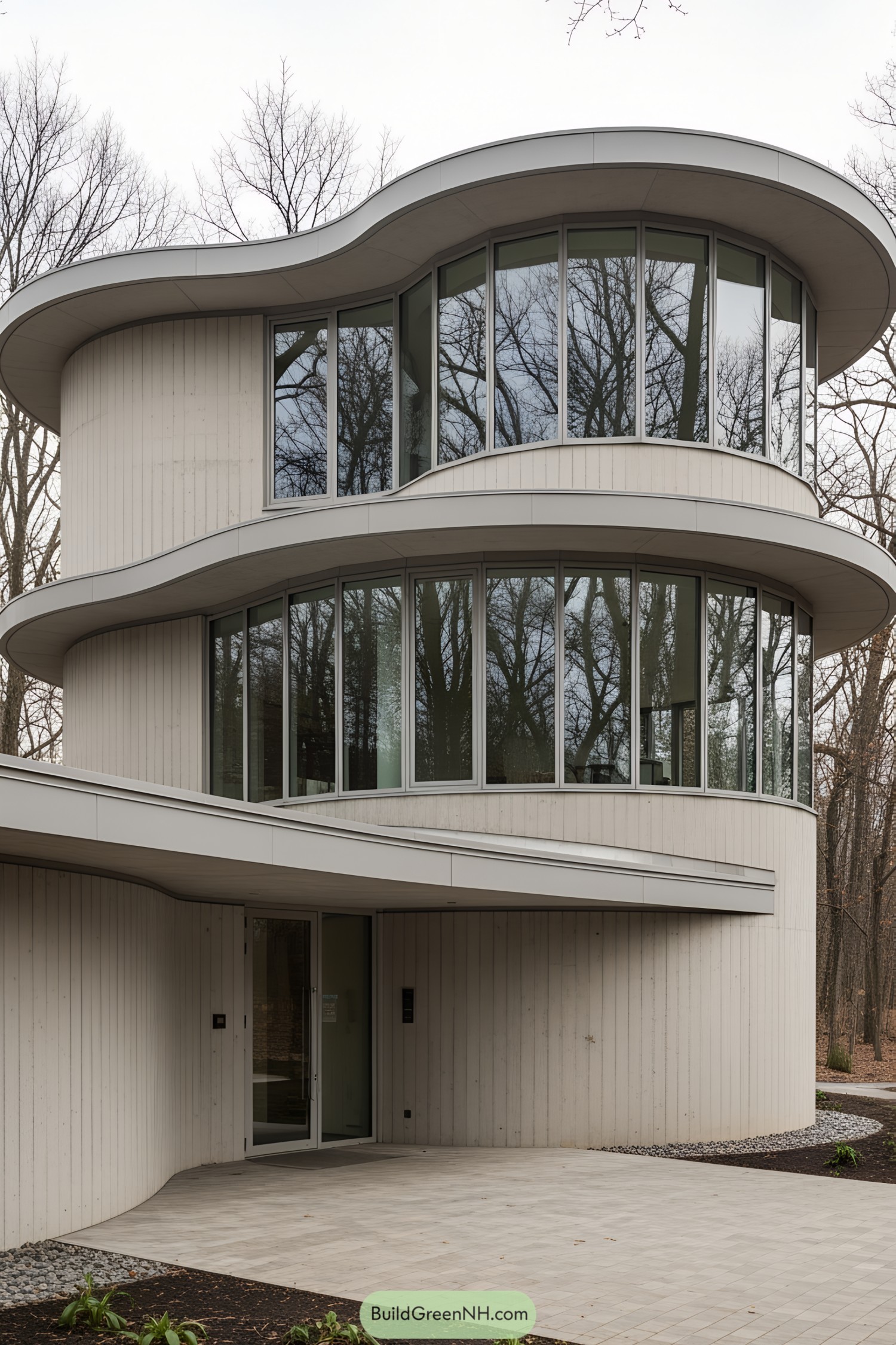 Wavy modern house with large glass windows amid trees