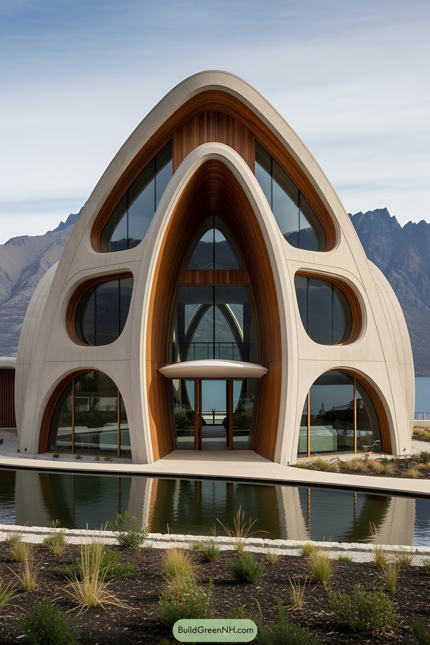 Modern arch-shaped building next to a reflecting pool and mountains