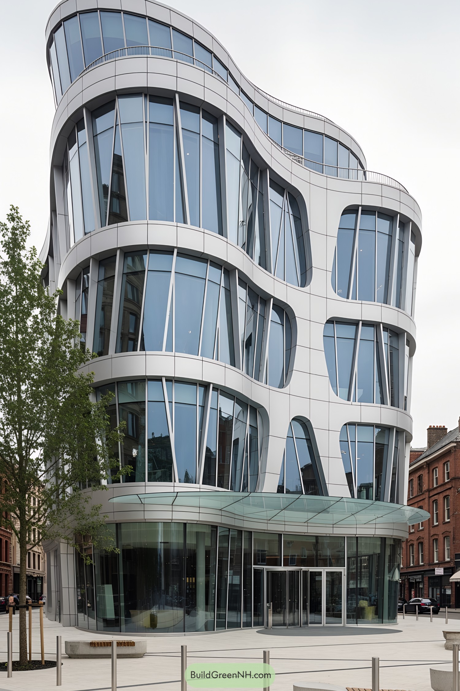 Futuristic building with undulating glass facade