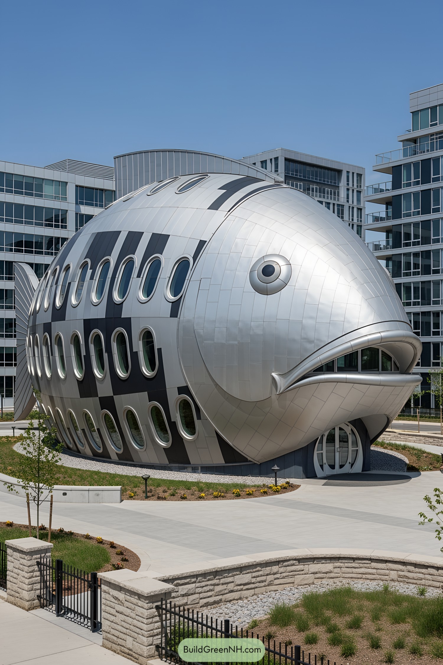 Silver fish-shaped building with oval windows