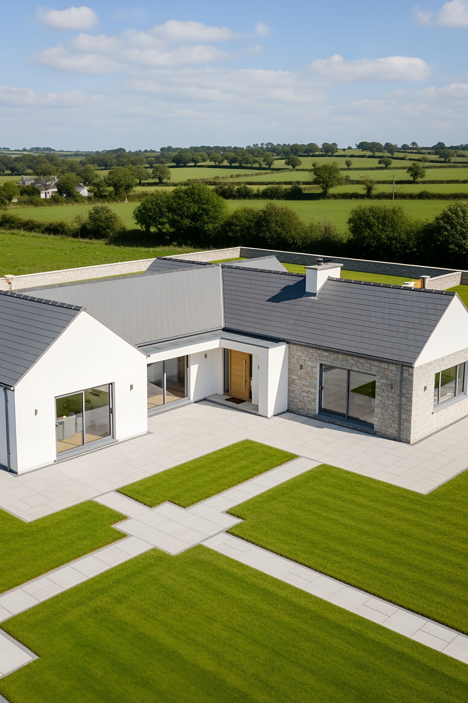 Modern bungalow surrounded by green fields