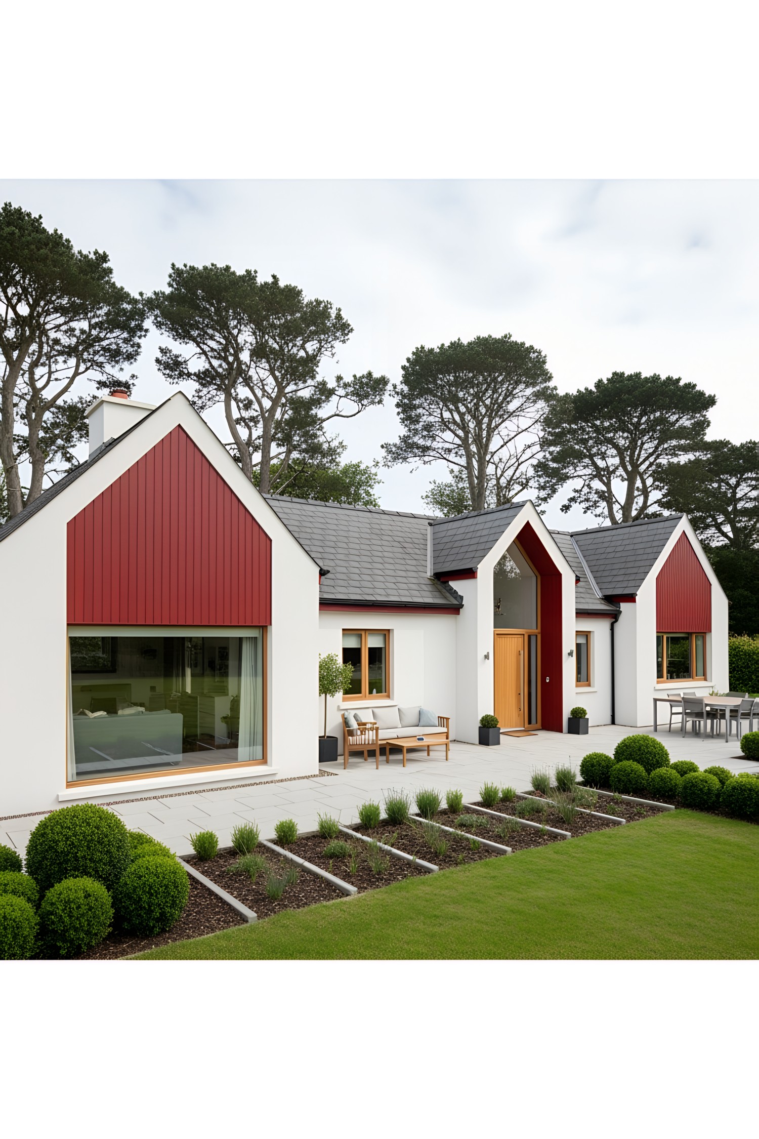 Irish bungalow with red gables and modern patio