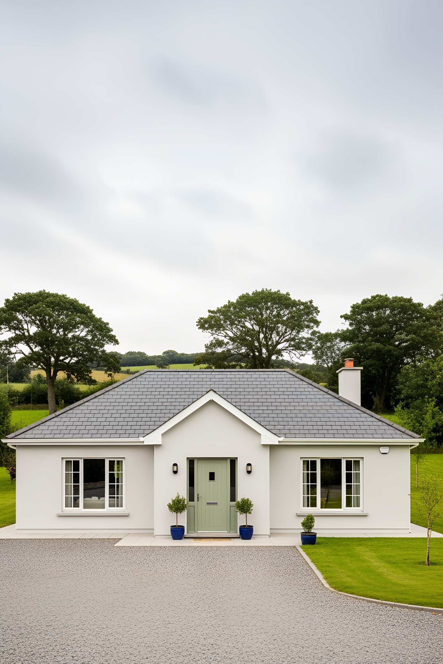 Cozy white bungalow with green door amidst lush greenery