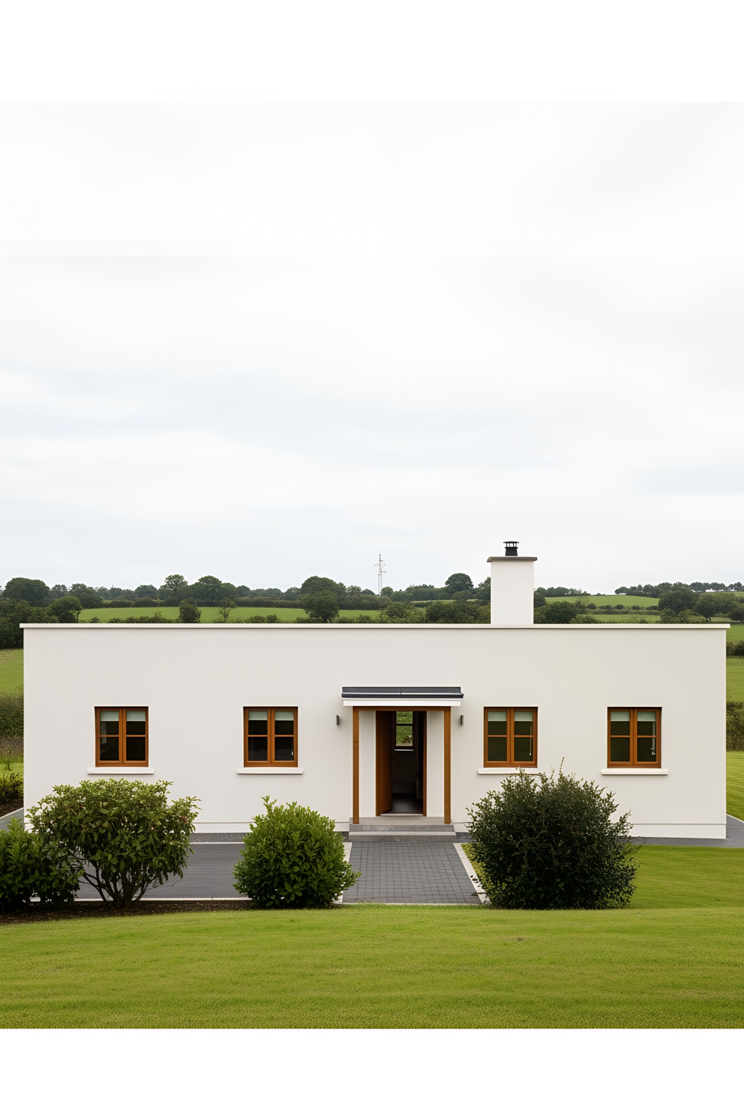 Modern white bungalow with green landscape