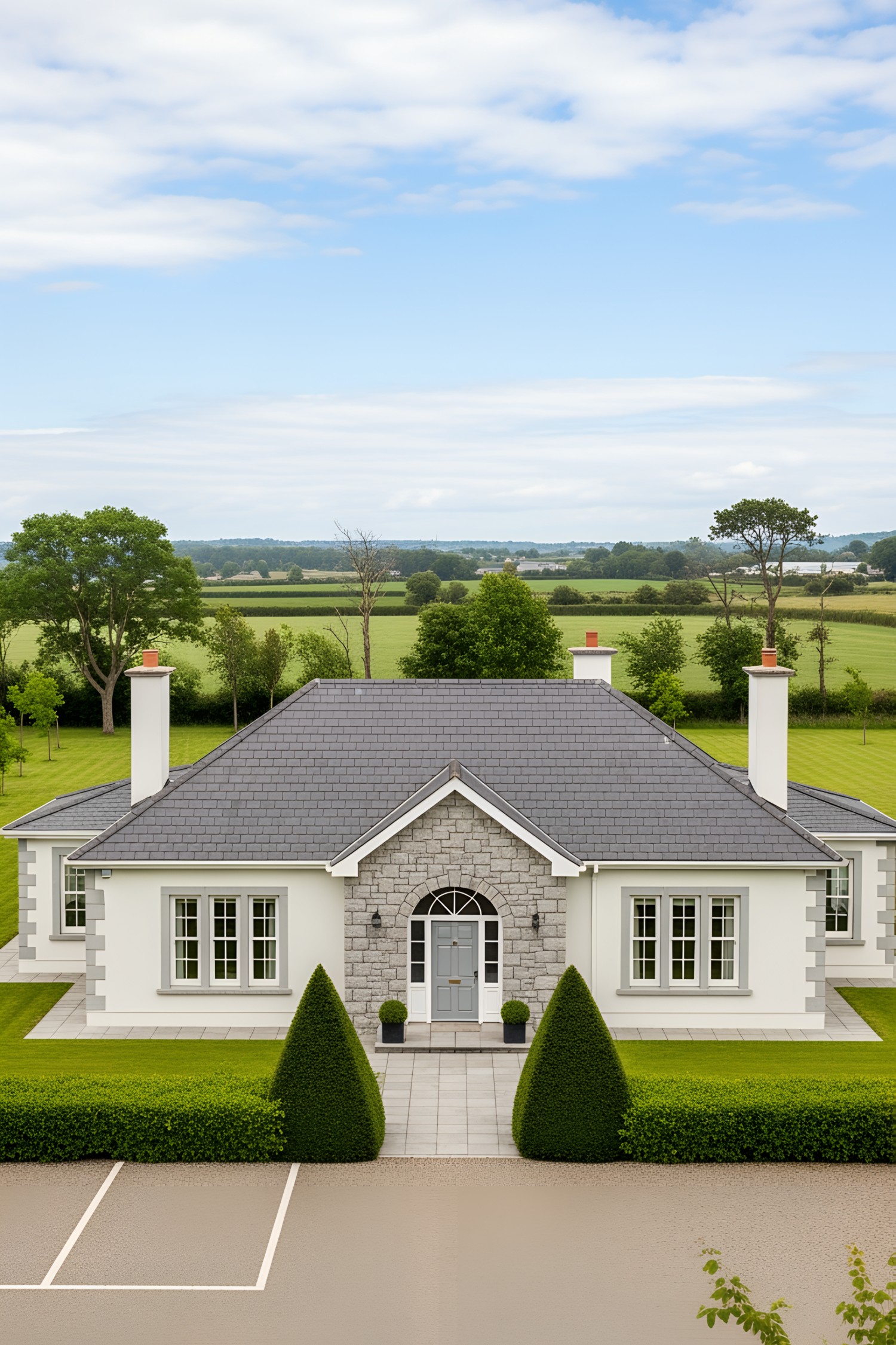 White bungalow with chimney stacks set amidst lush fields