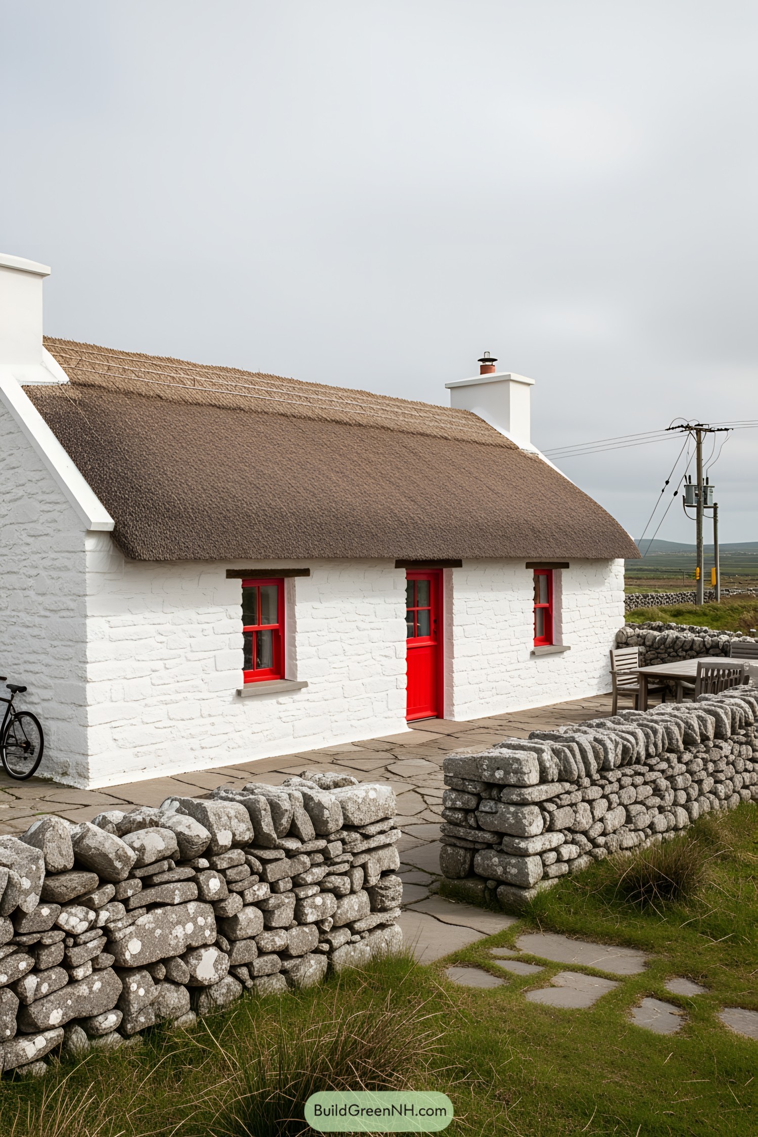 Quaint Irish cottage with white stone walls and a thatched roof