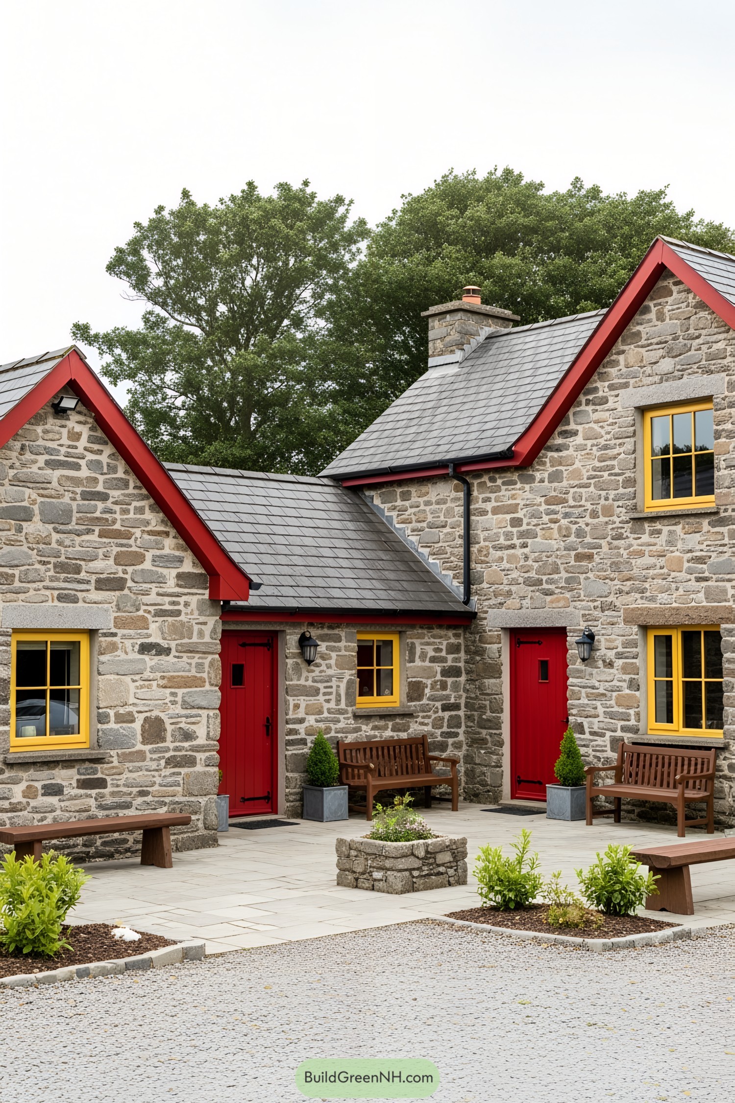 Stone house with red roof and yellow window frames
