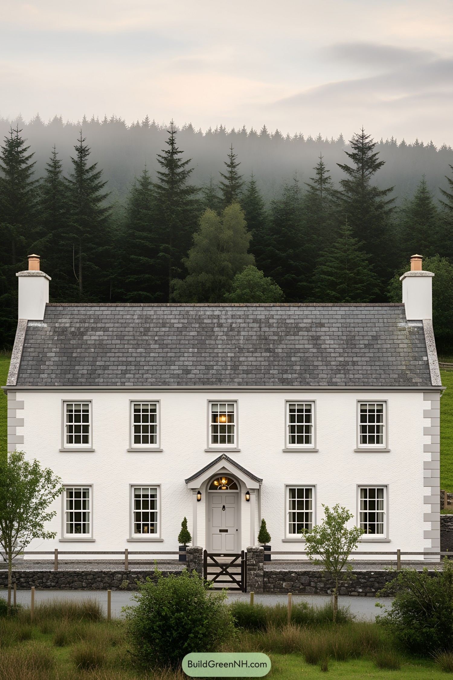 White Georgian-style house in the Irish countryside with lush greenery and forest backdrop