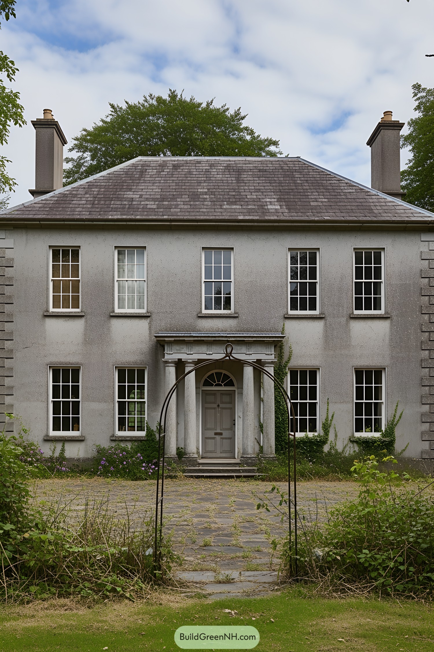 Traditional gray-stone house with large windows and archway