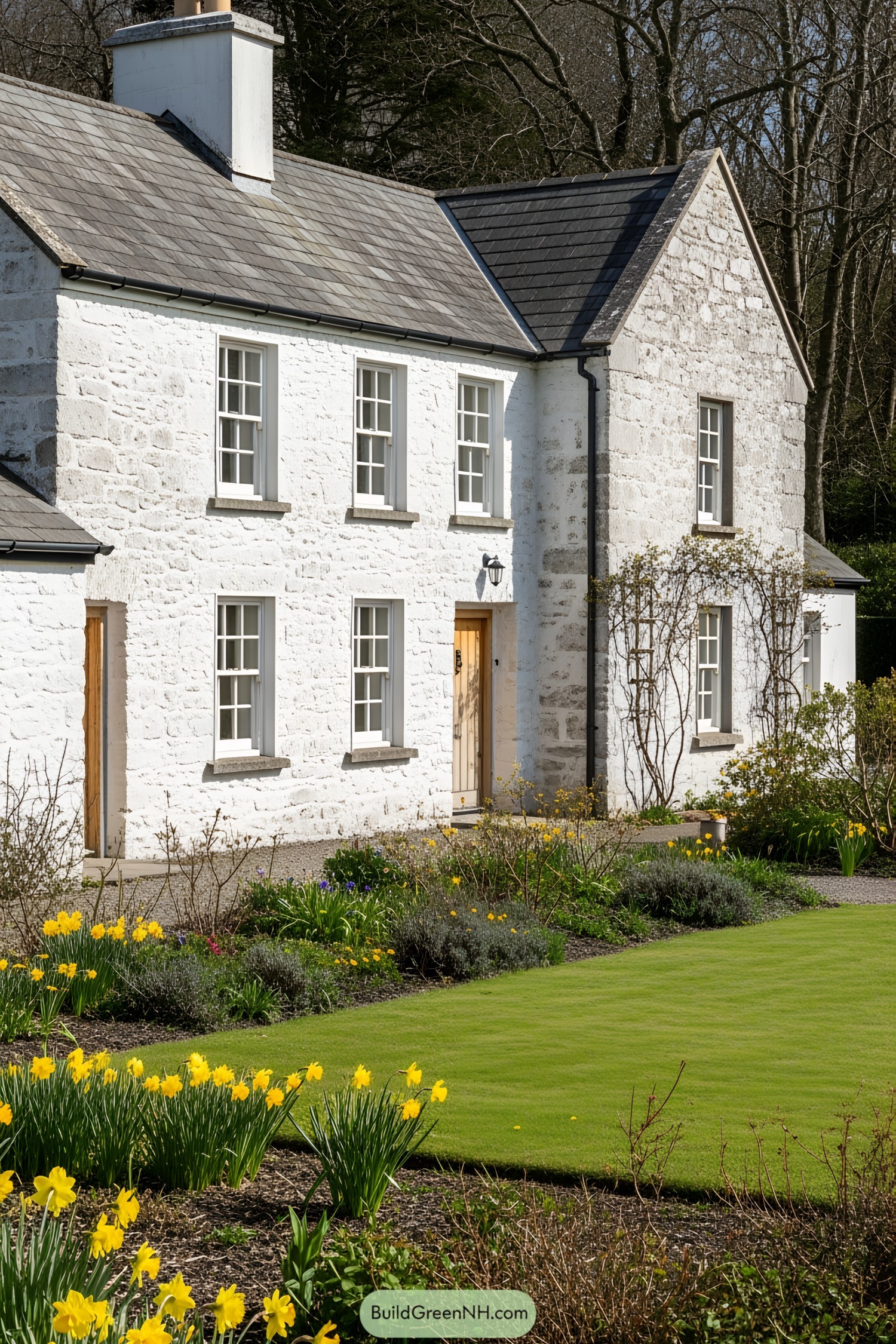 Beautiful stone cottage surrounded by a lush garden in springtime