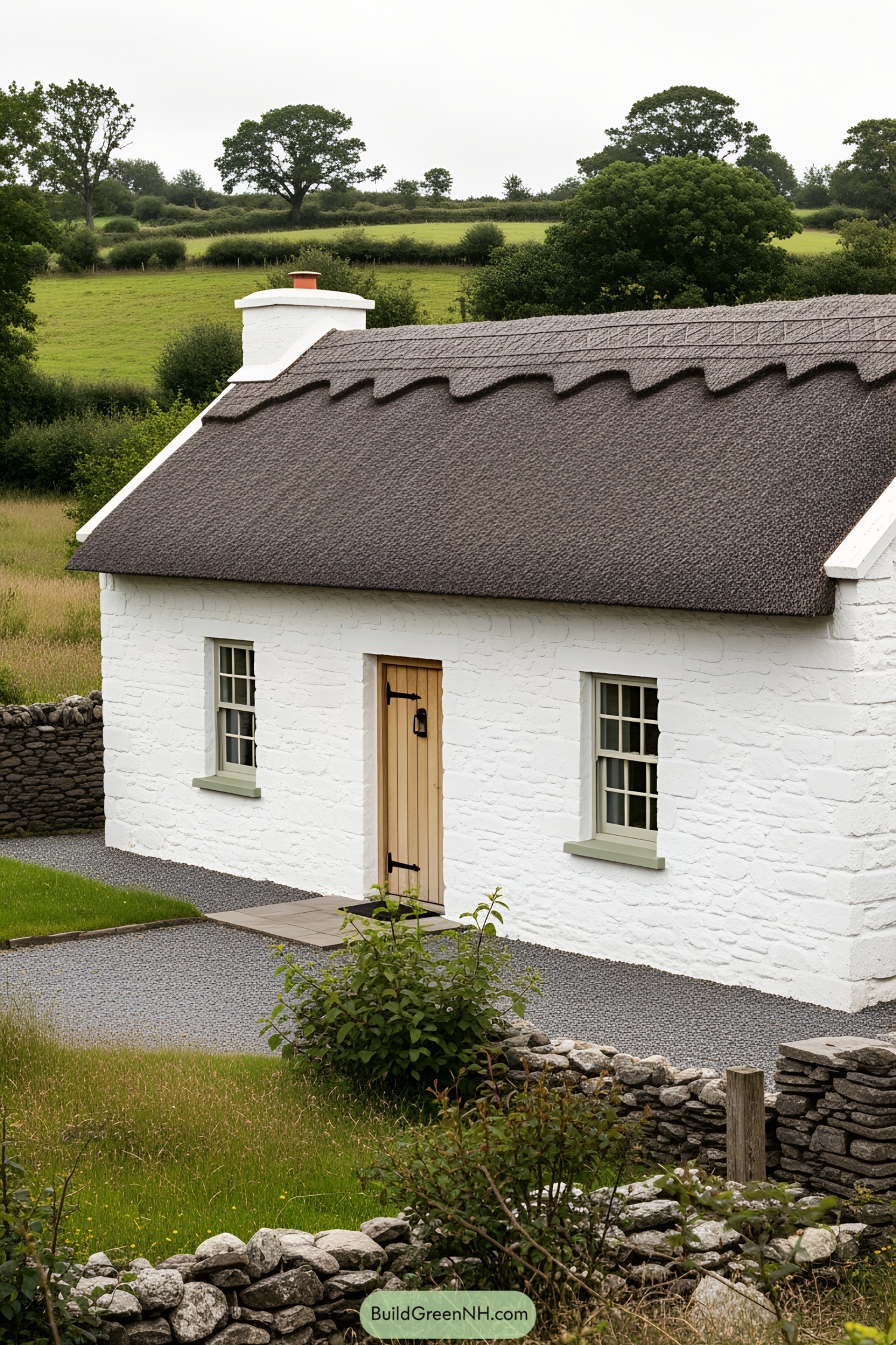 White stone cottage with thatched roof in a lush field