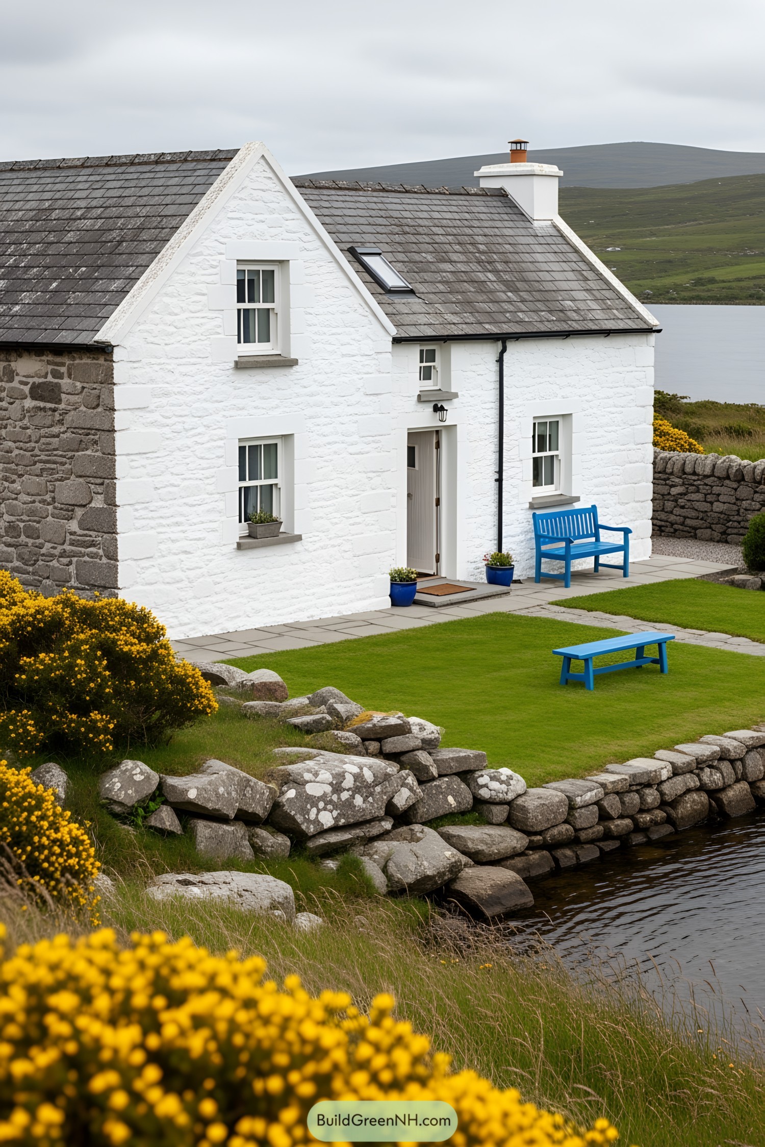 White stone house with blue accents nestled by the water
