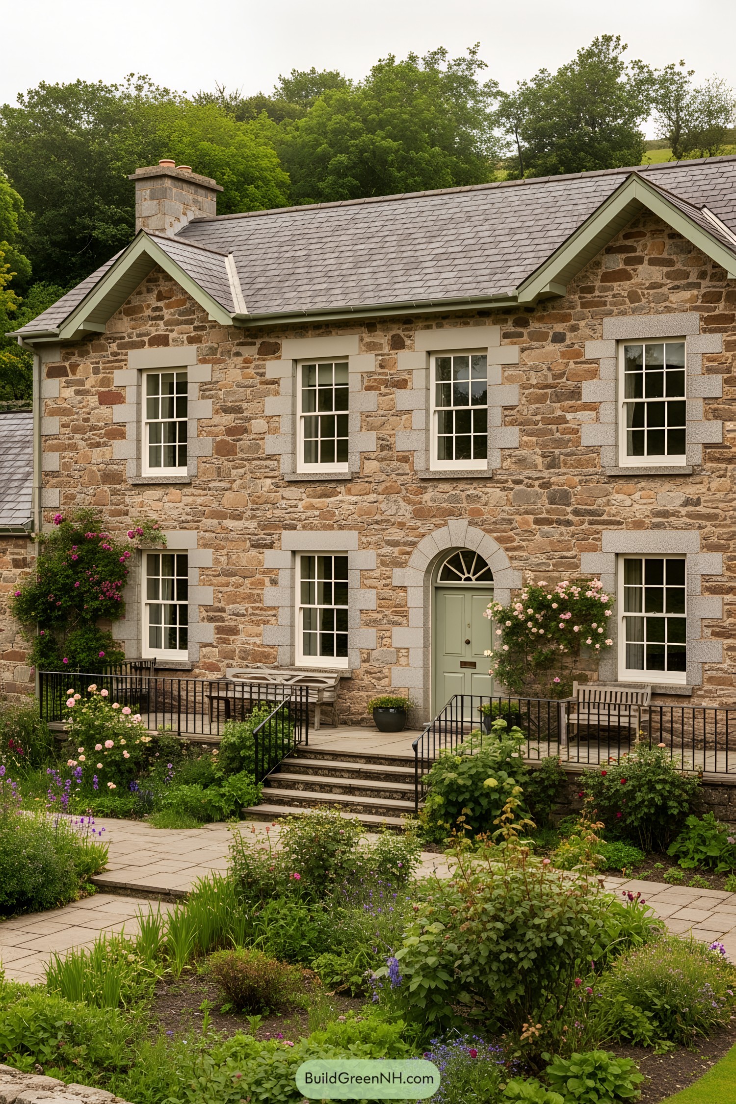 Quaint stone house with lush garden
