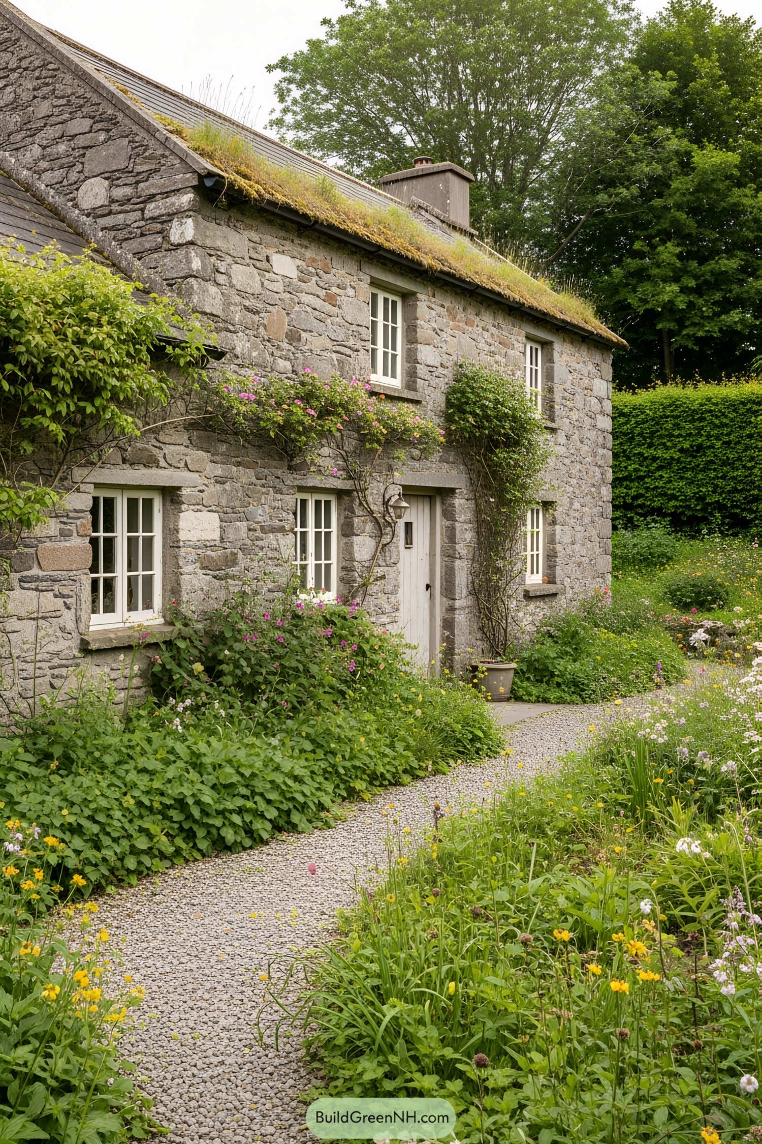 Quaint stone house with lush greenery