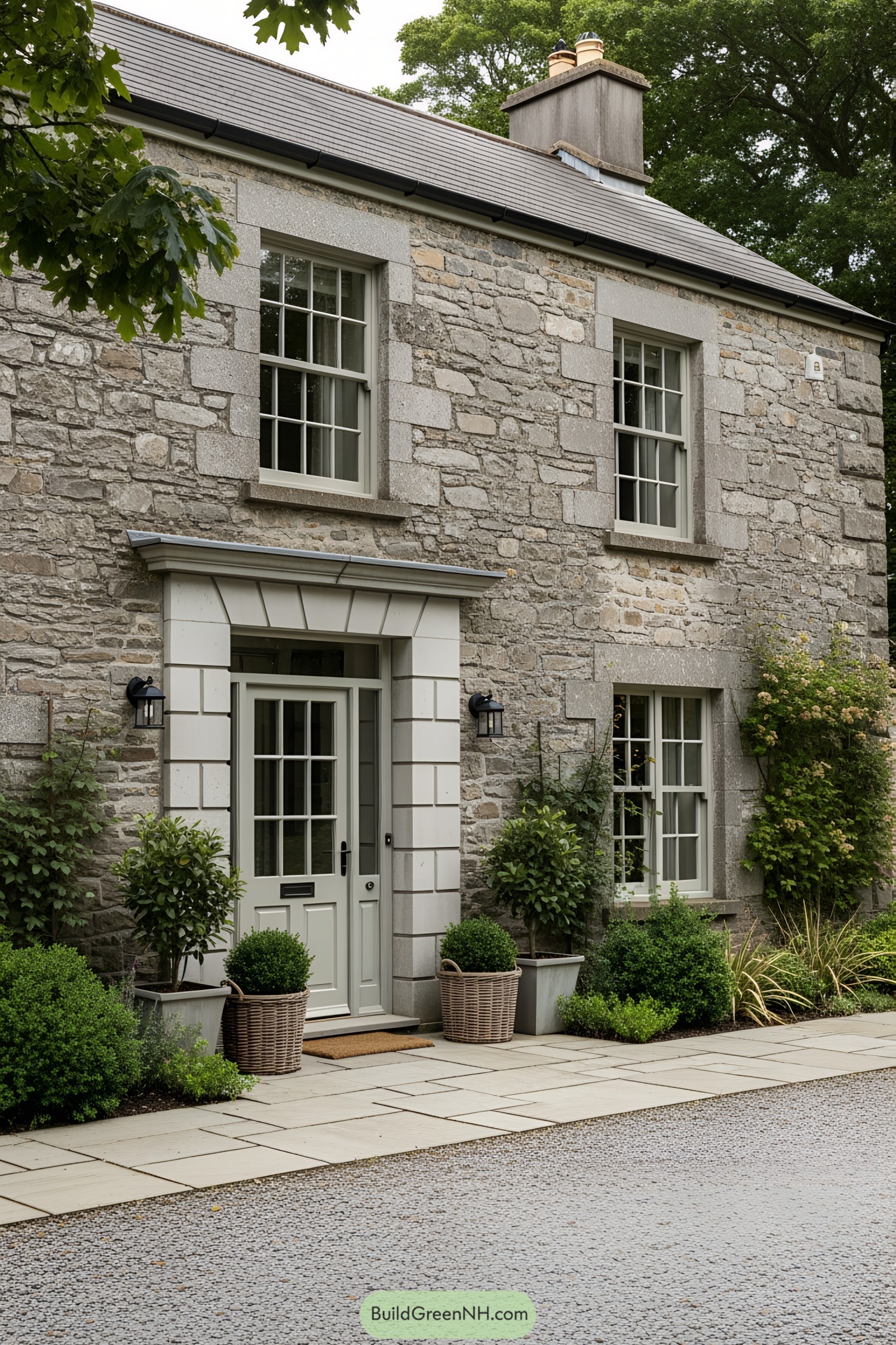 Charming stone house with green door and lush greenery
