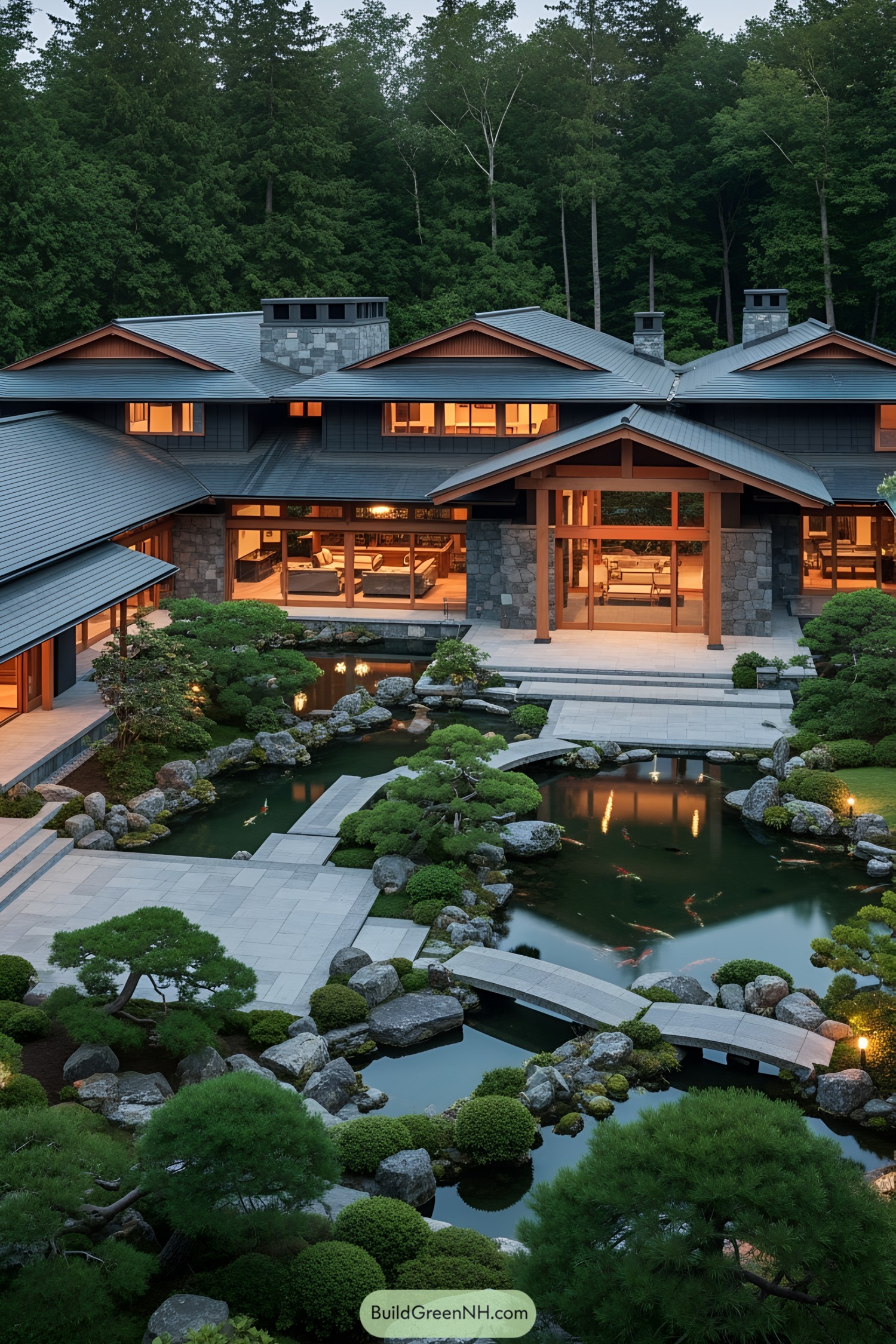 Luxury Japanese house with koi pond and lush garden