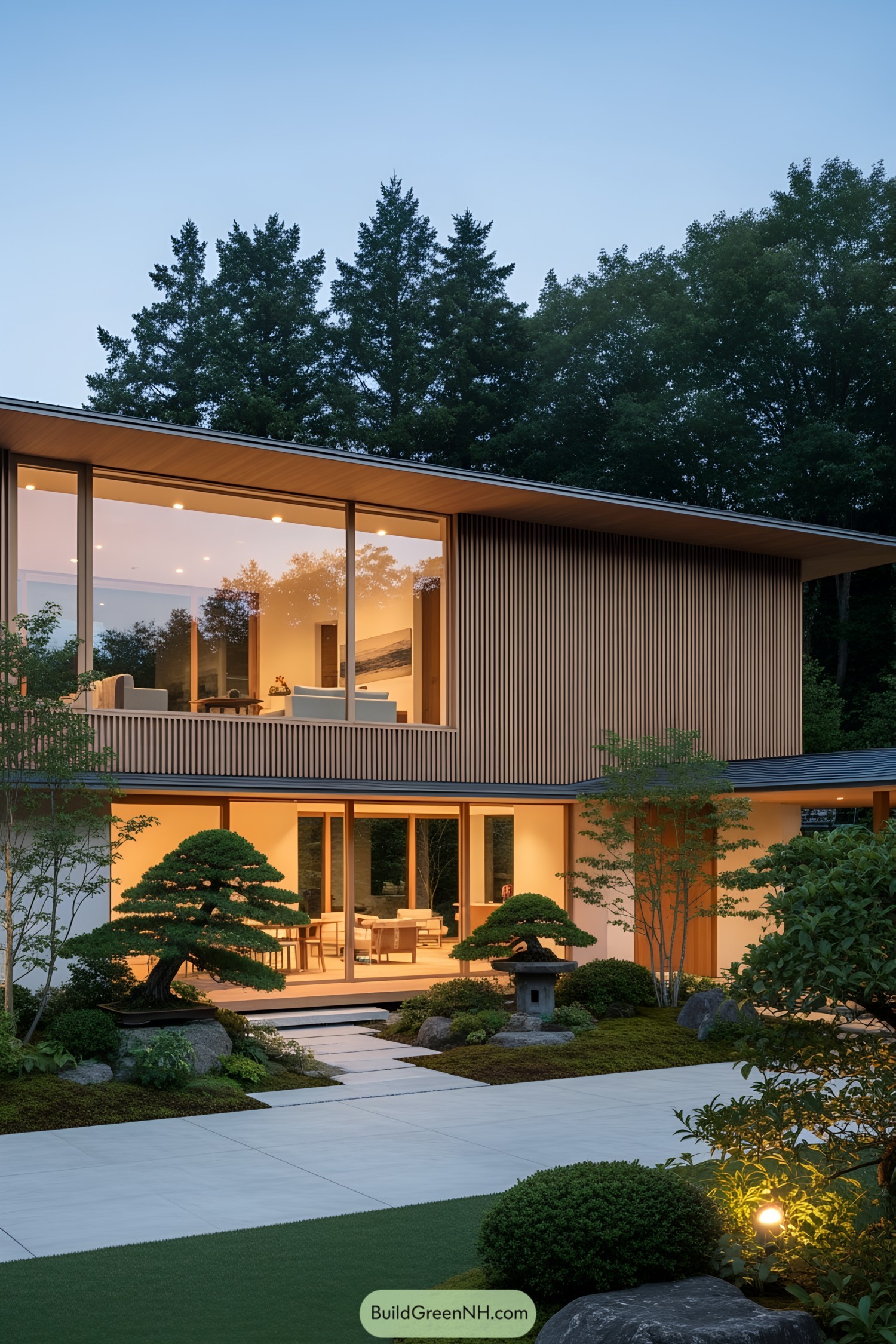 Luxurious modern house with large windows and a garden