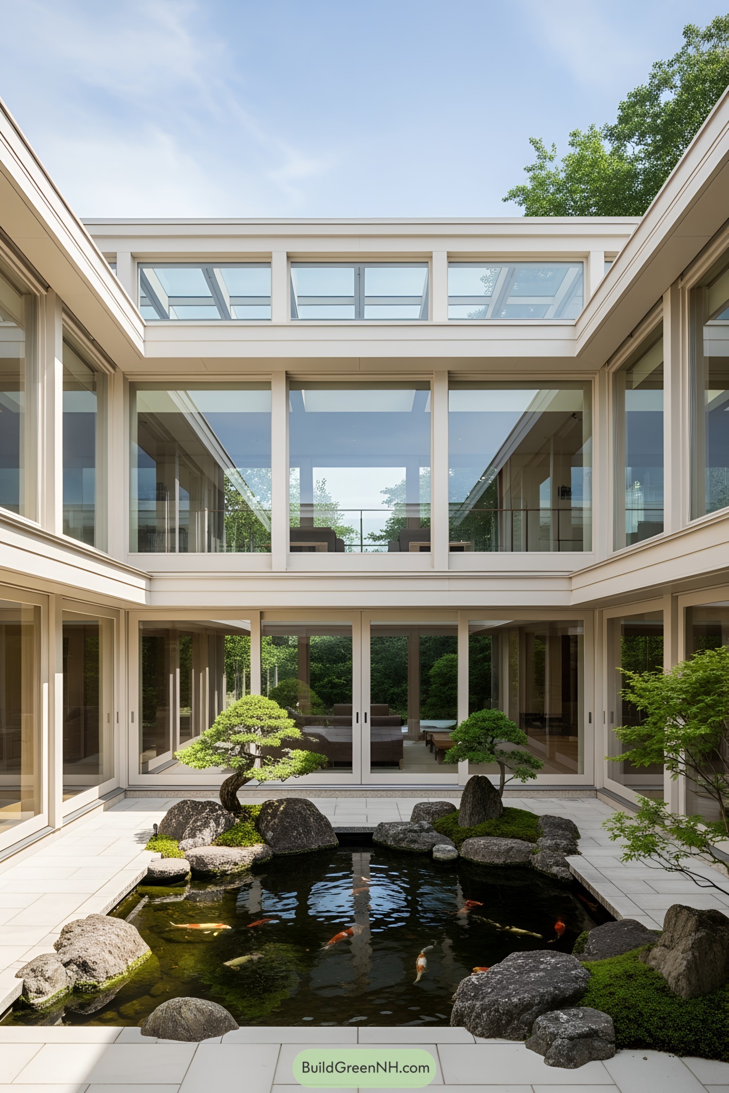 Modern Japanese house with a koi pond