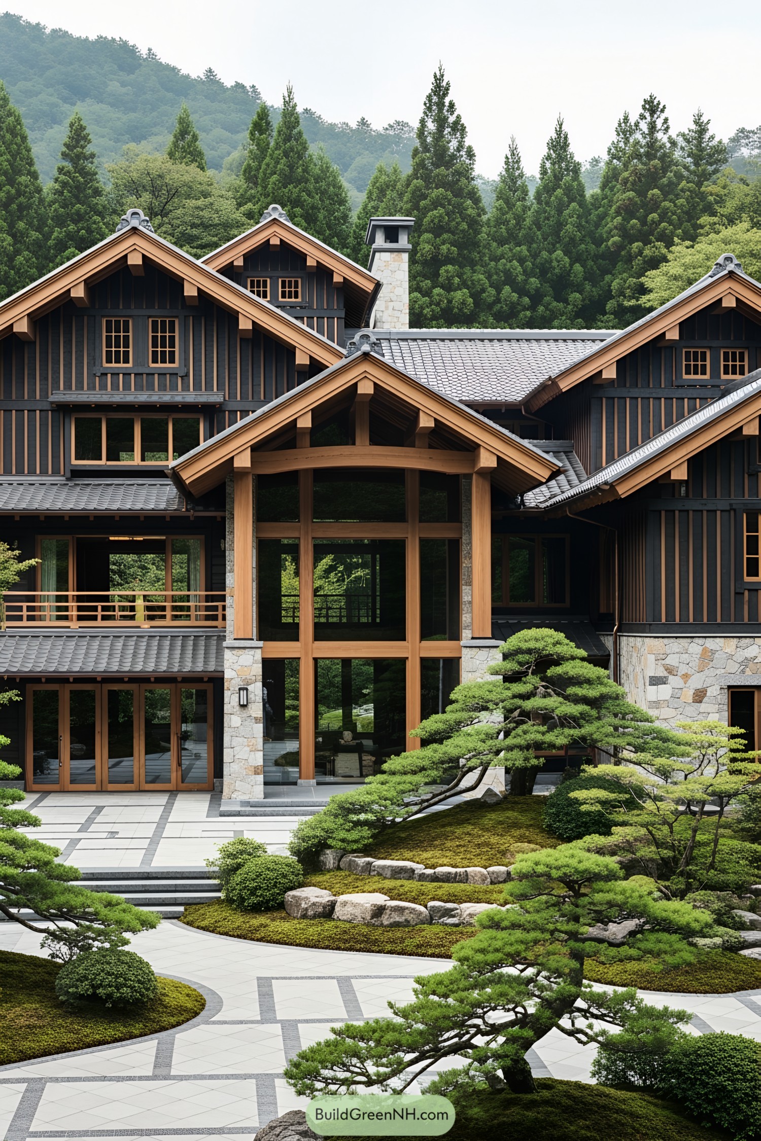 A luxurious Japanese house with wooden accents and manicured gardens