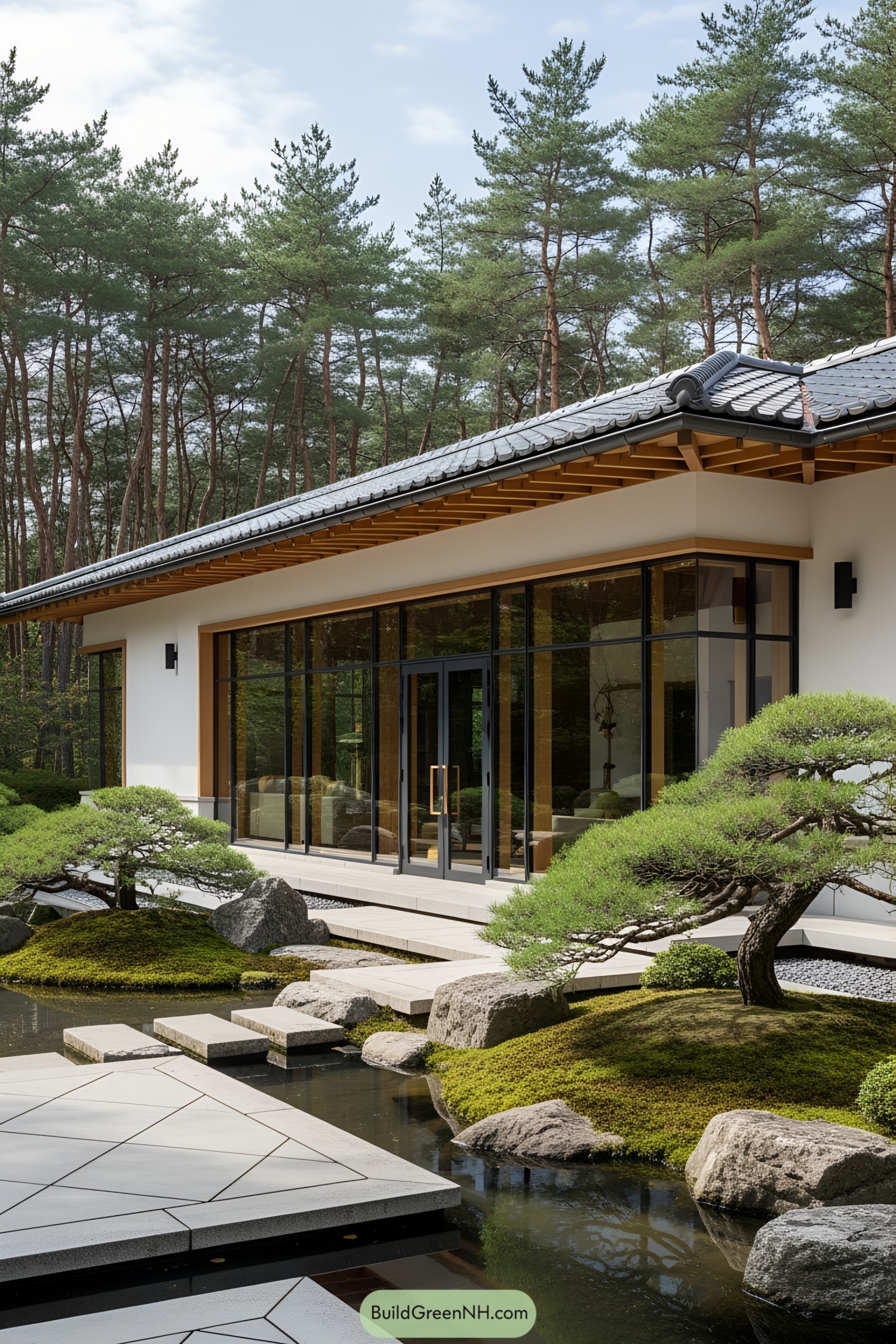 Modern Japanese house with glass walls and garden