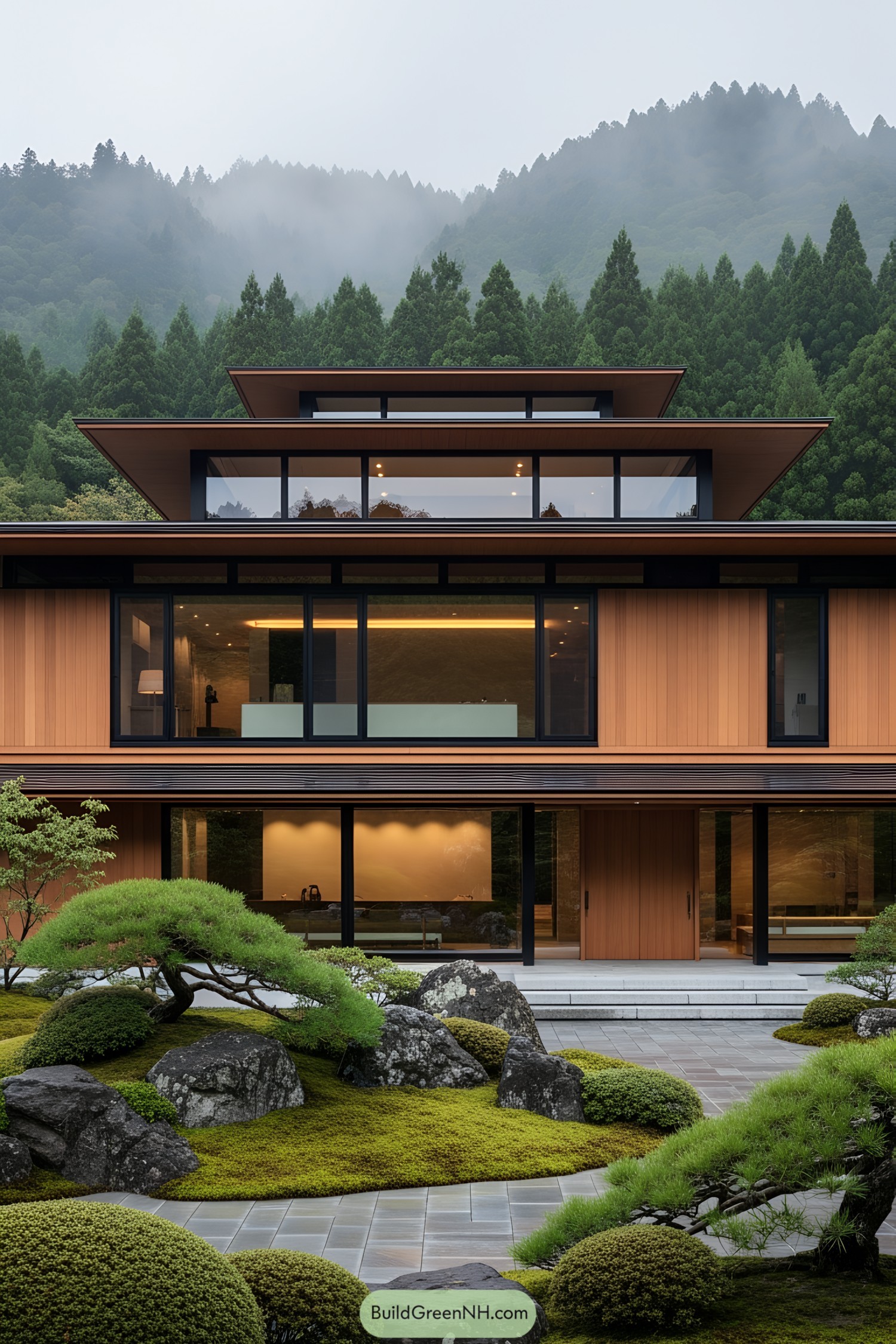Luxurious Japanese house with layered roofs and lush garden