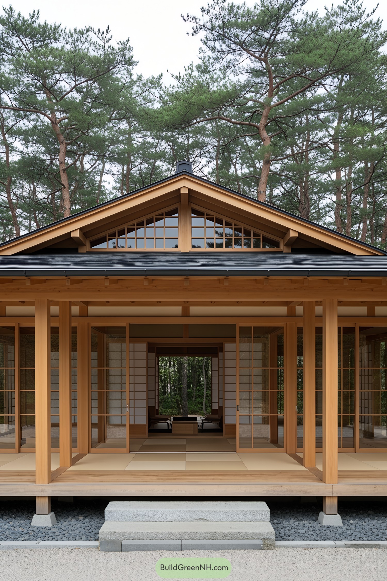 Traditional Japanese home with wooden elements surrounded by trees
