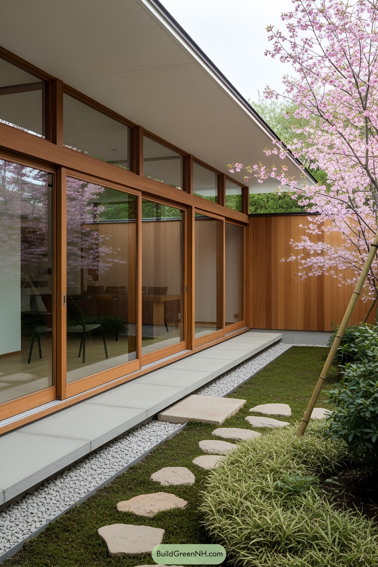 Japanese house with cherry blossoms and wood paneling