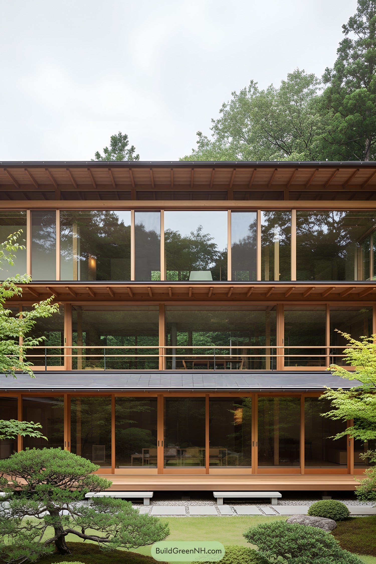Elegant Japanese house with large glass windows surrounded by lush greenery