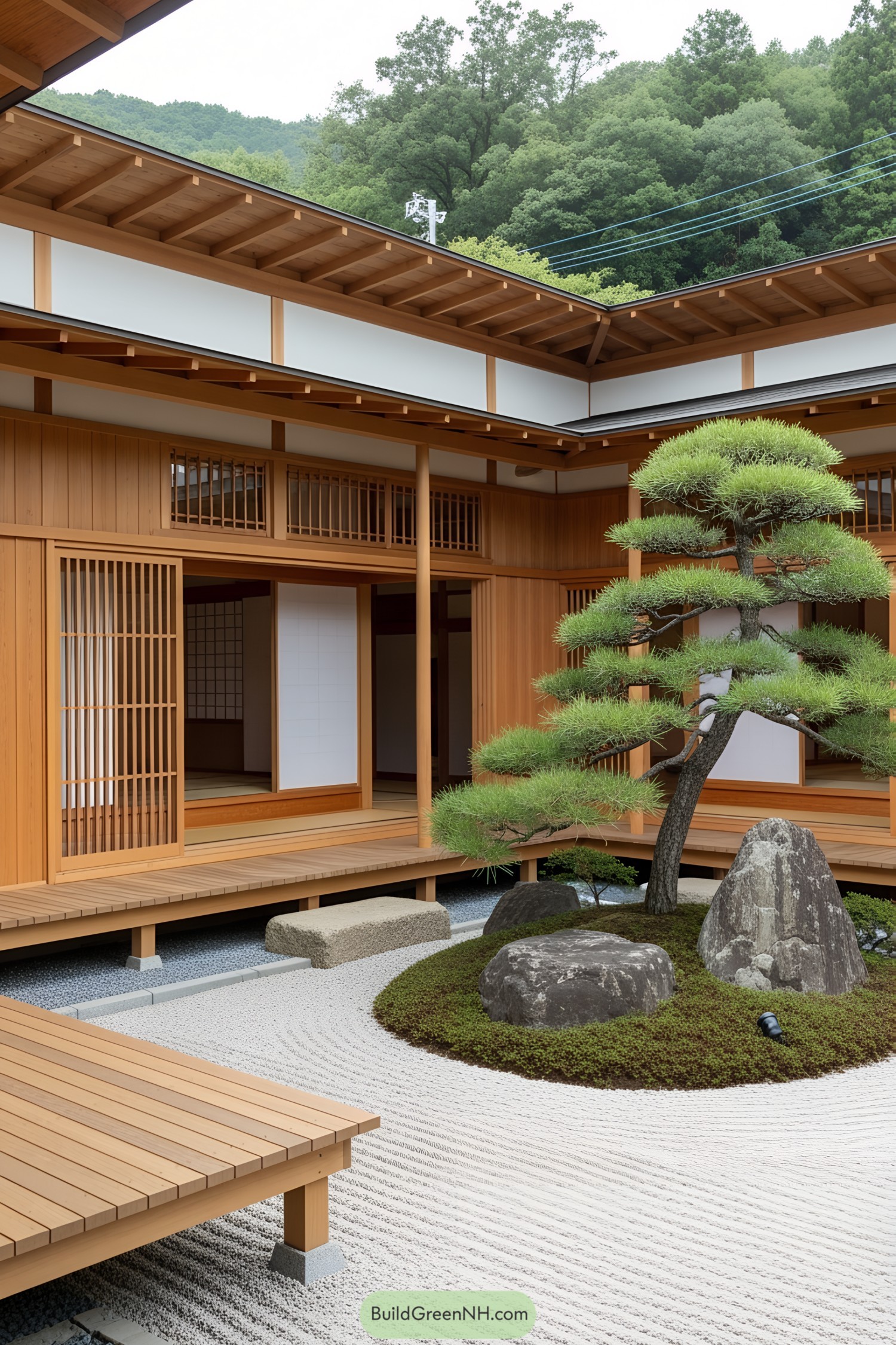 Japanese-style house with wooden sliding doors and manicured garden