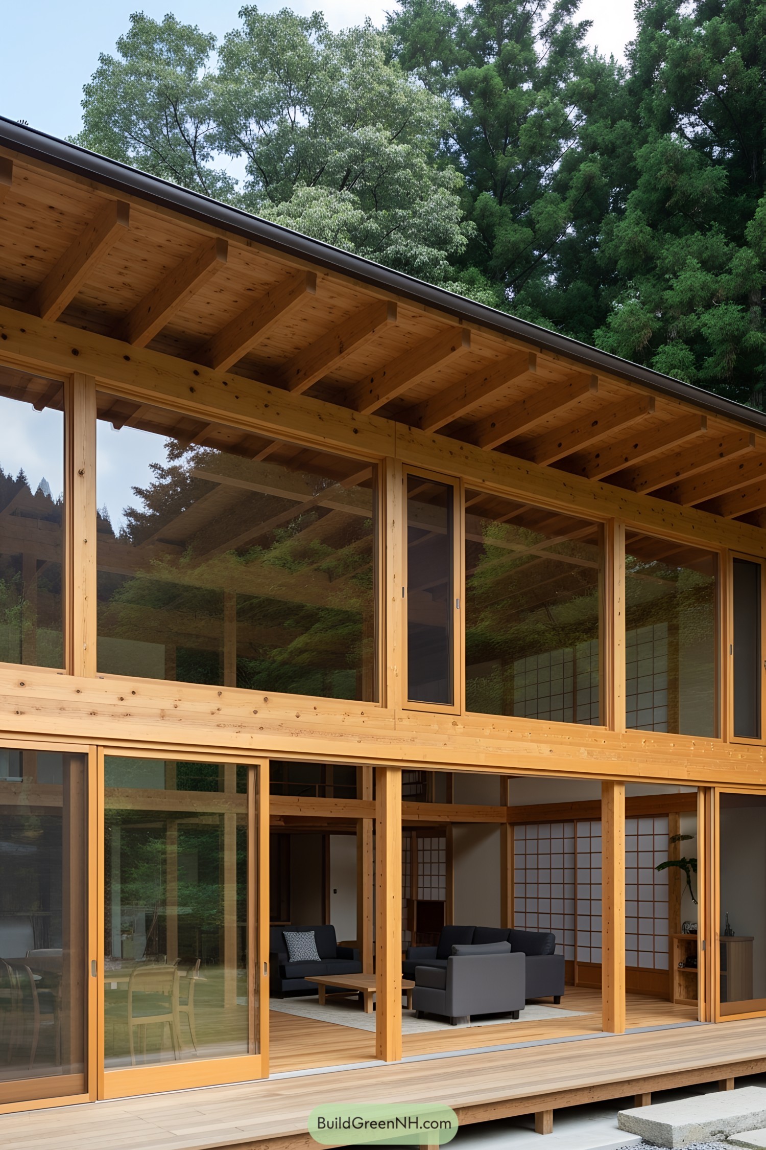 Contemporary wooden Japanese house with glass panels