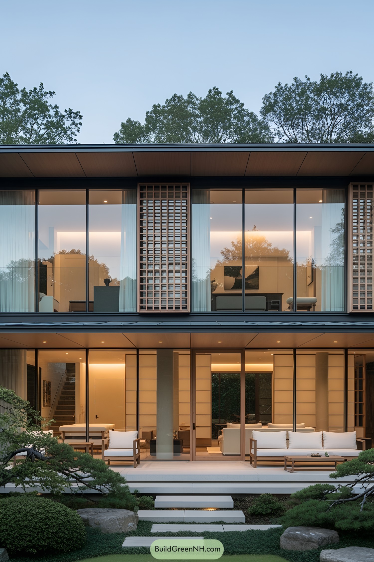 Modern Japanese home with large glass windows and a serene garden