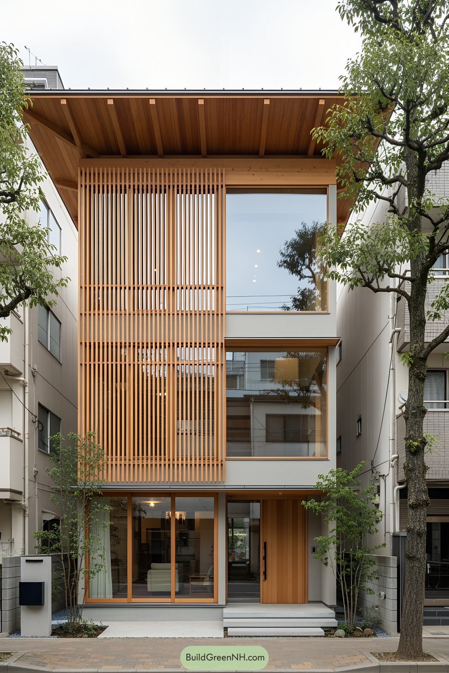 Stylish modern Japanese home with large wooden slats and floor-to-ceiling windows