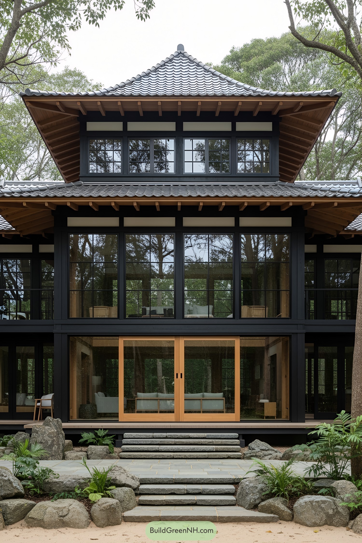 Modern Japanese house with wooden and glass features