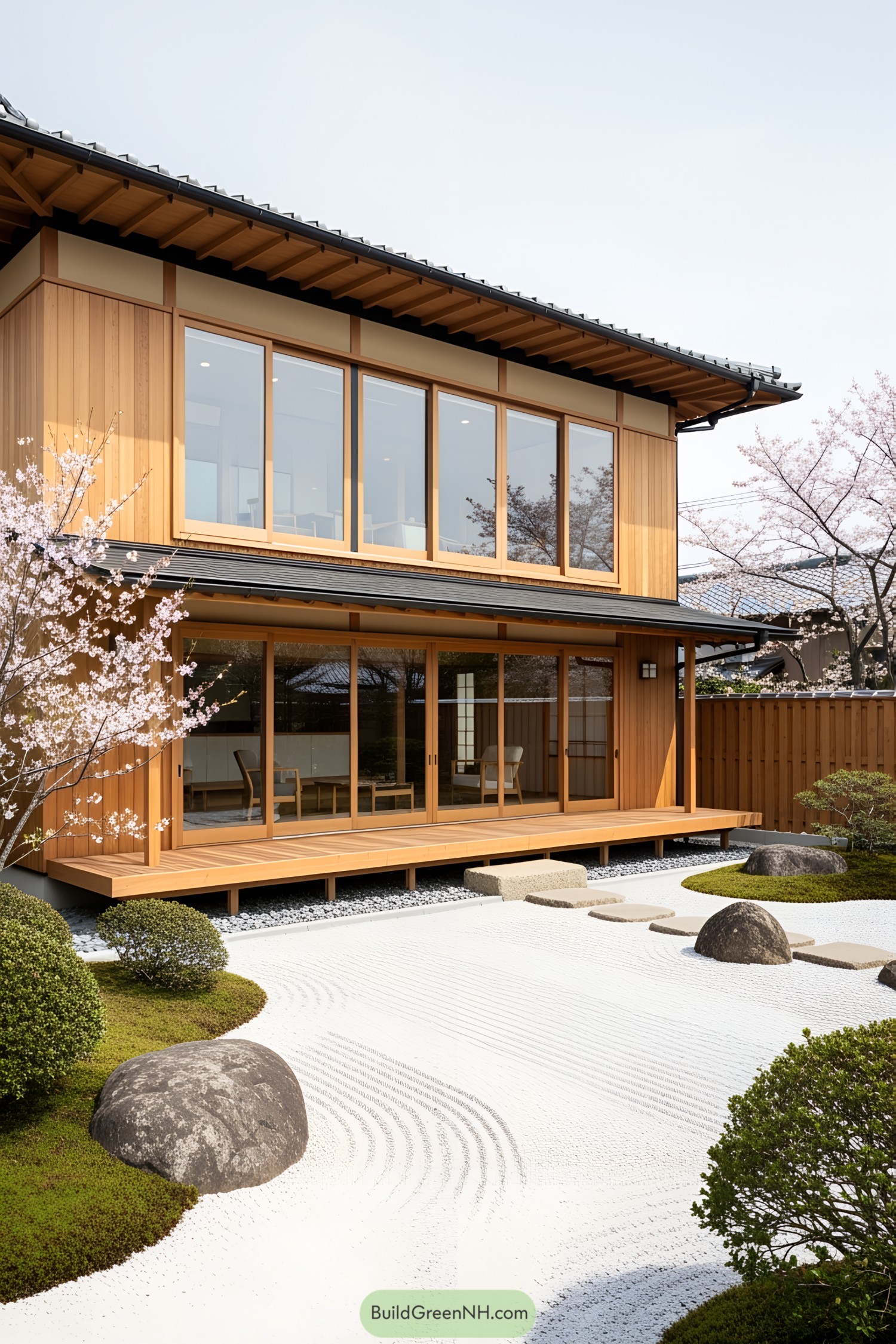 Modern Japanese house with wood paneling and a zen garden