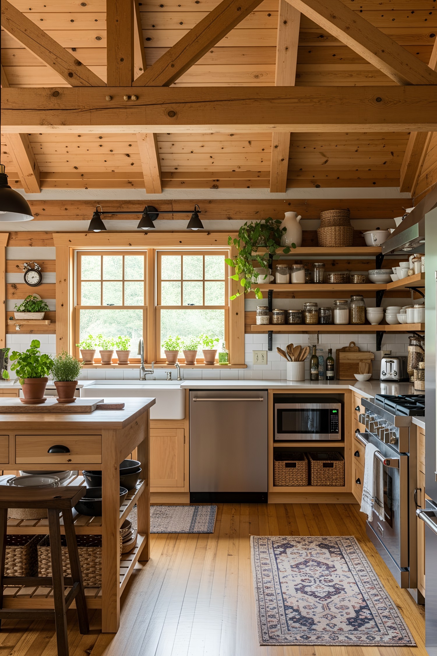 Log cabin kitchen with wooden beams and sunlit windows