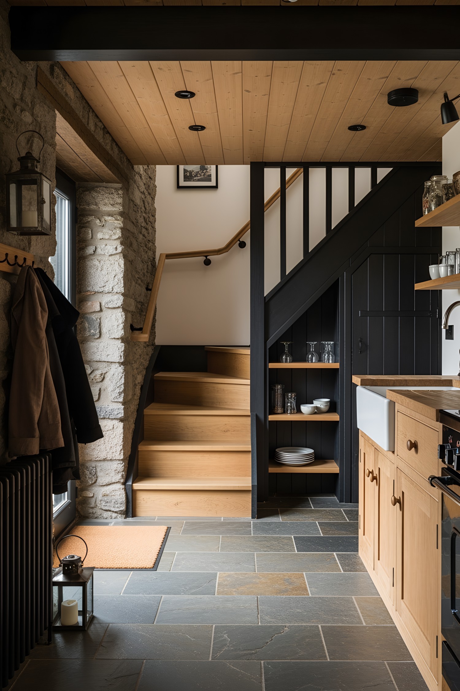 Rustic stone walls meet wooden stairs in a cozy Scottish cottage