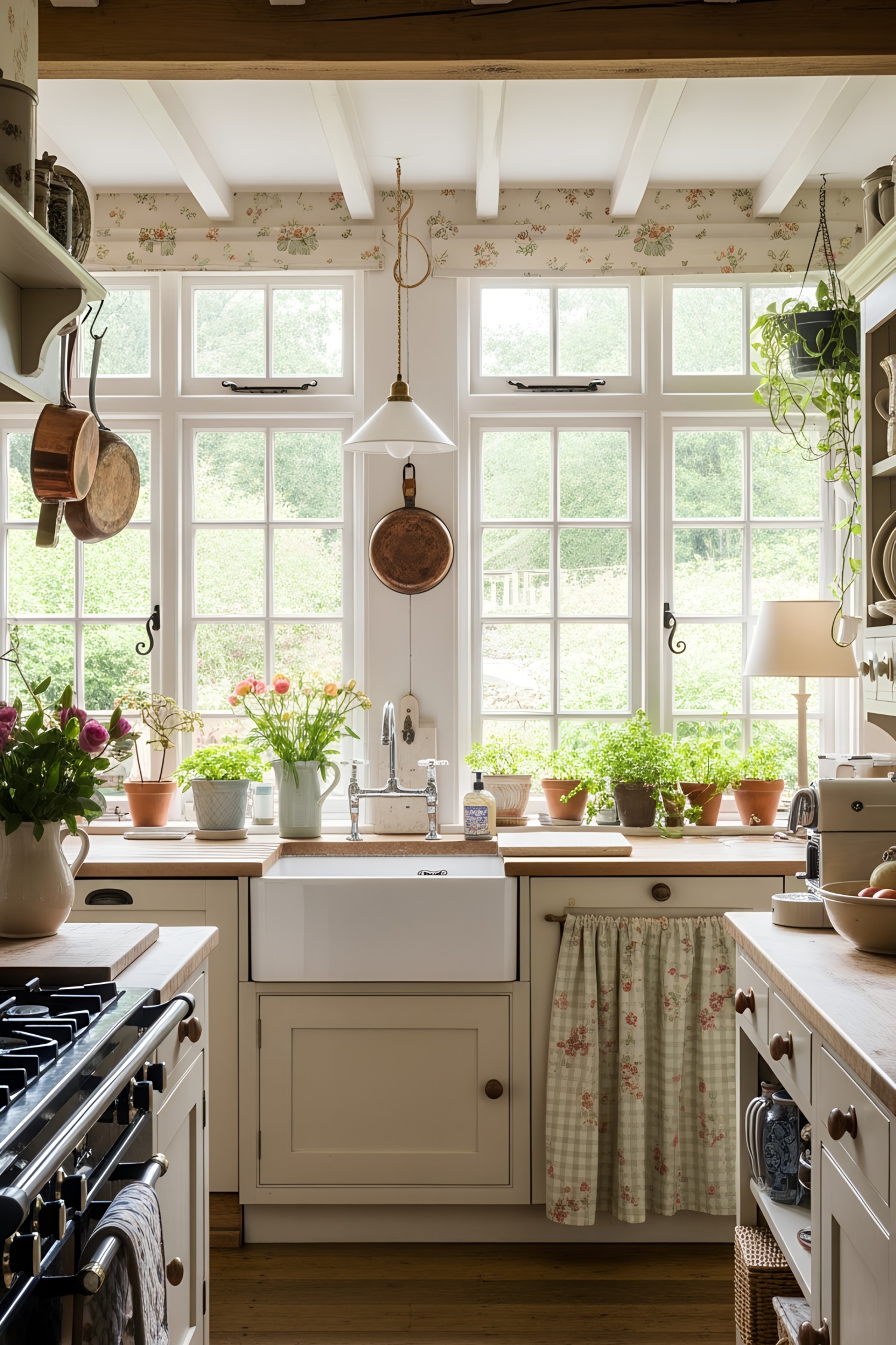 Cozy kitchen nook with potted plants and wooden accents