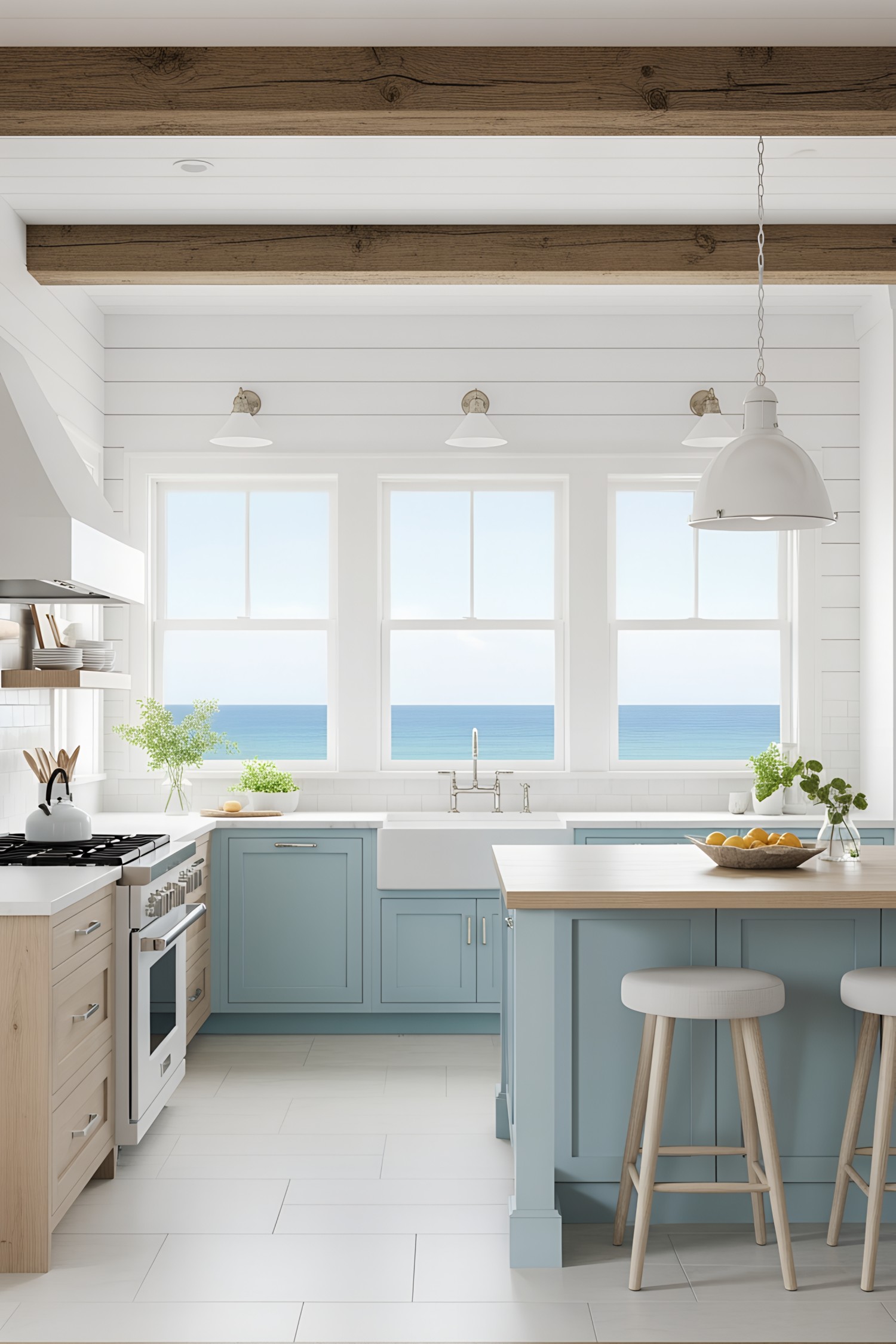 Bright kitchen with ocean view through large windows