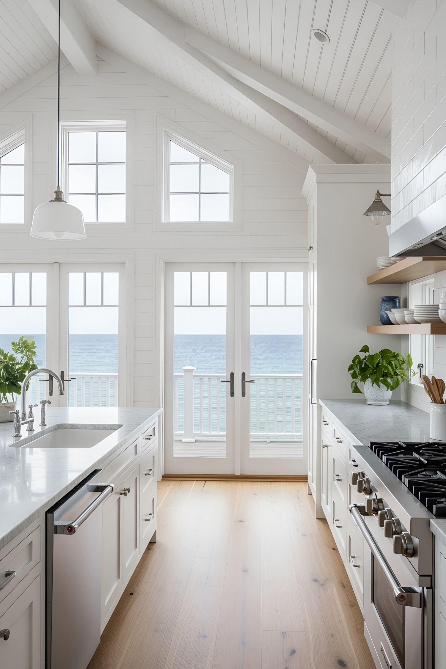 Bright kitchen overlooking the ocean with large windows and a beautiful interior