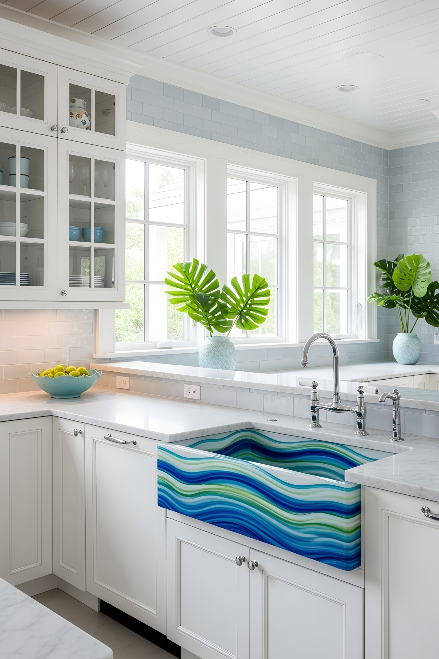 Colorful sink in a bright coastal kitchen