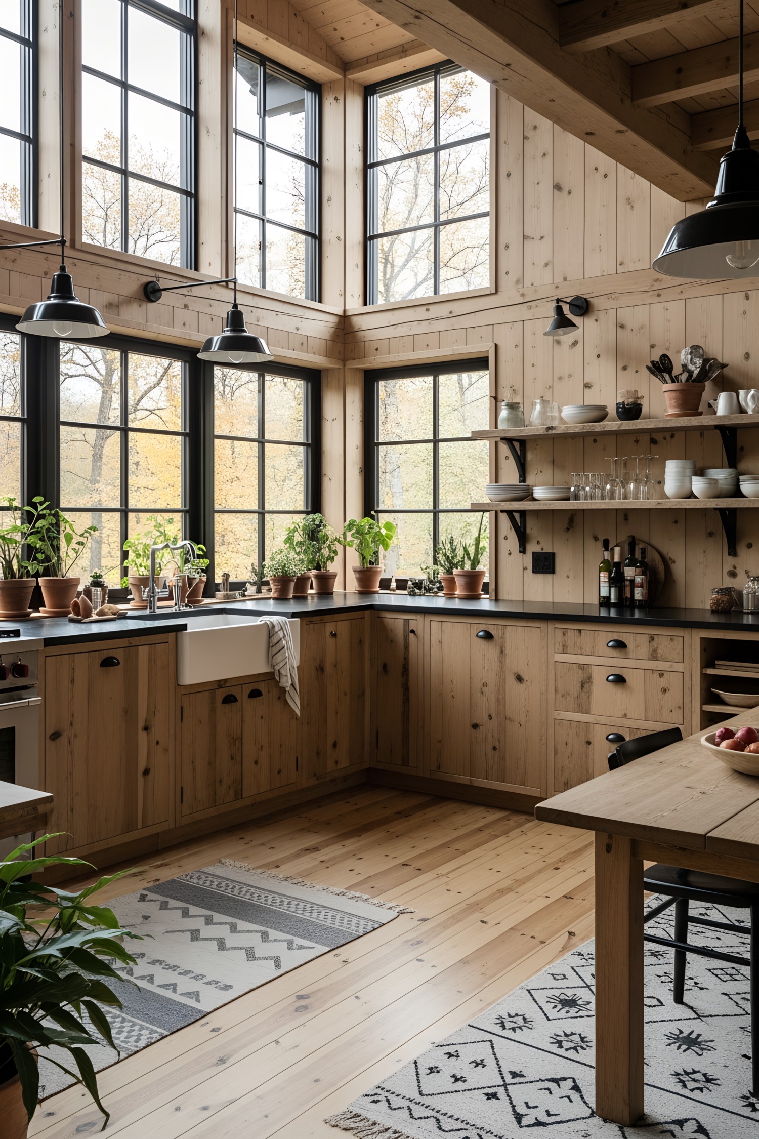 Log cabin kitchen with large windows and potted plants