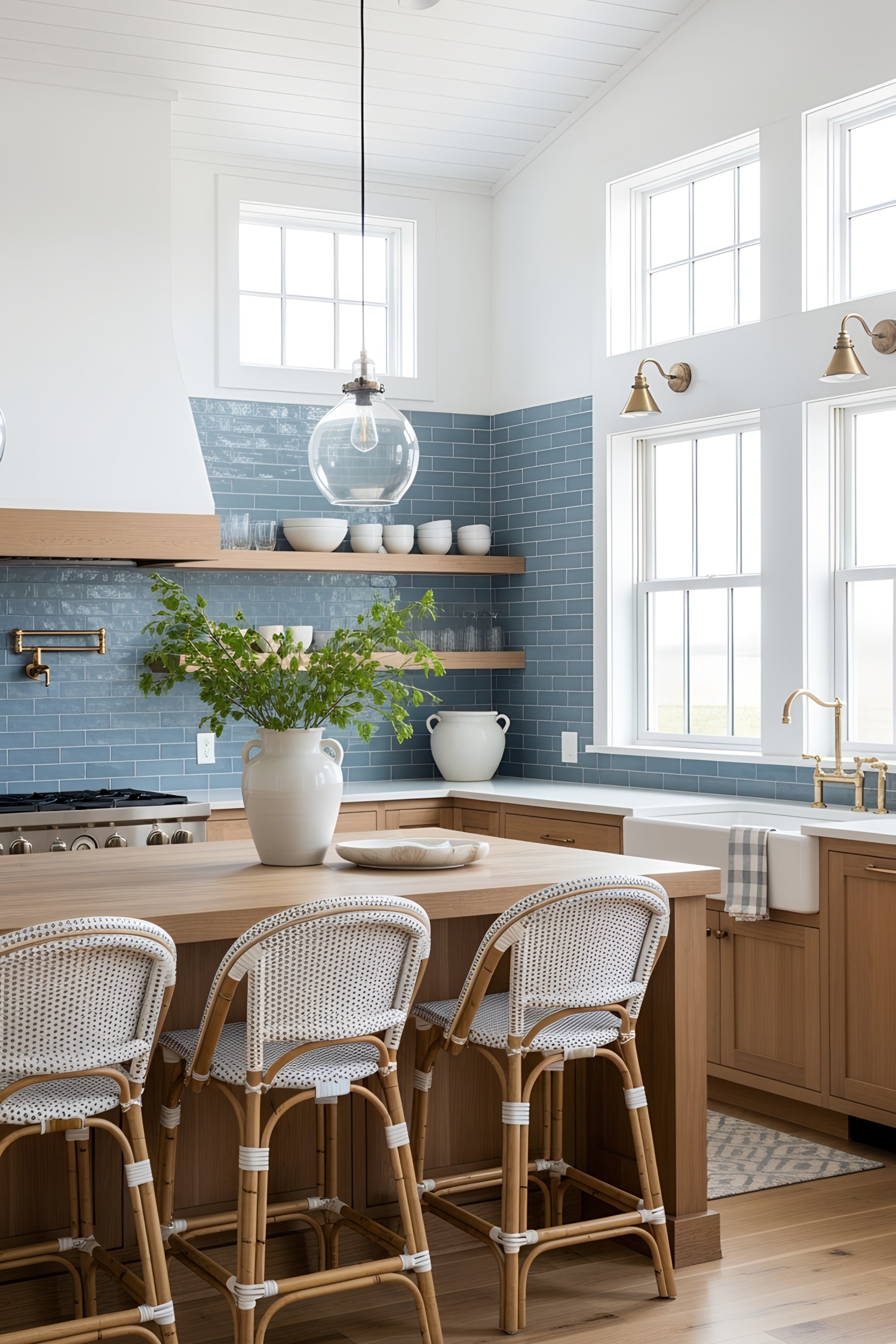 Bright and airy coastal kitchen with blue tiles and wicker stools
