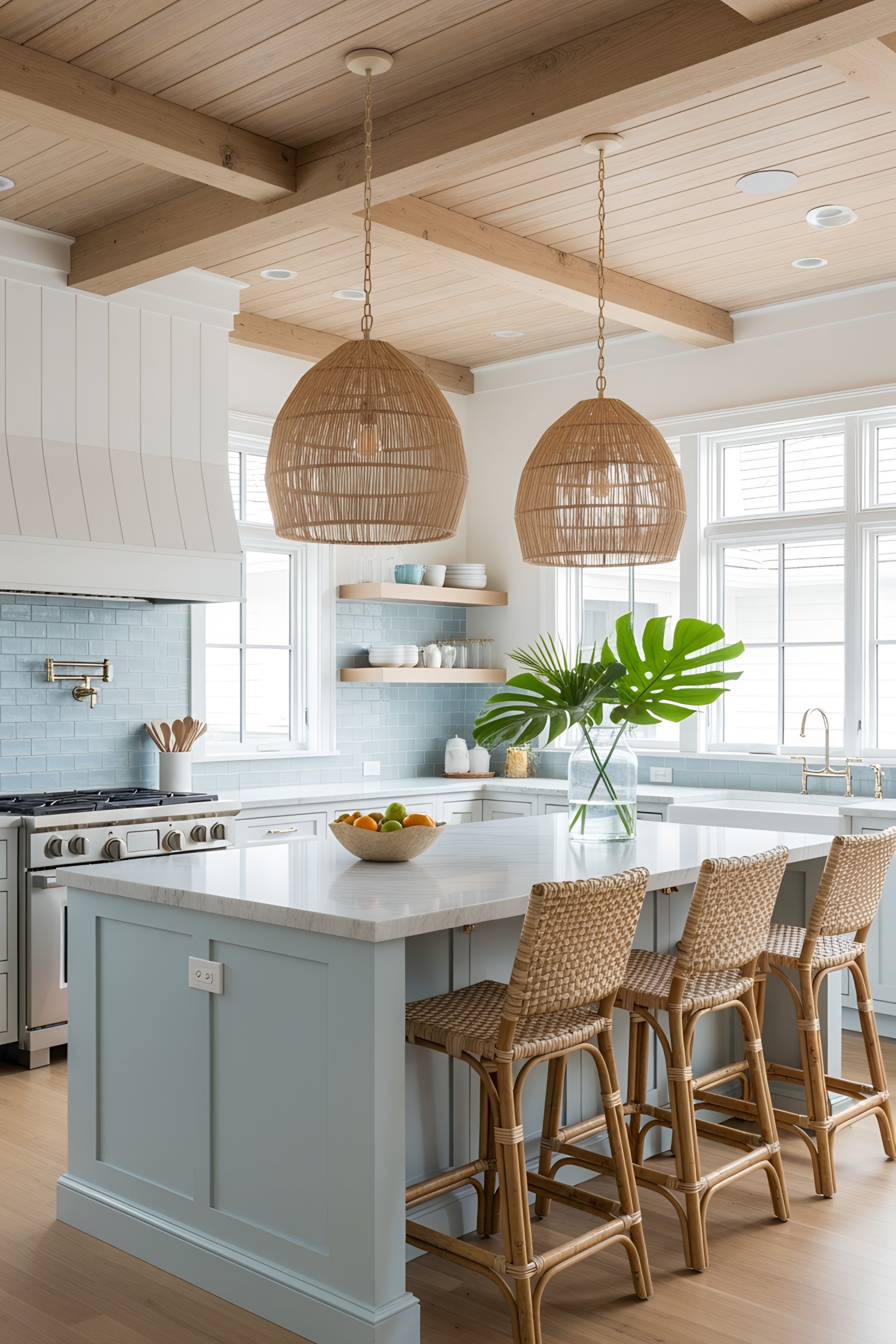 Bright kitchen with woven lights and light blue accents