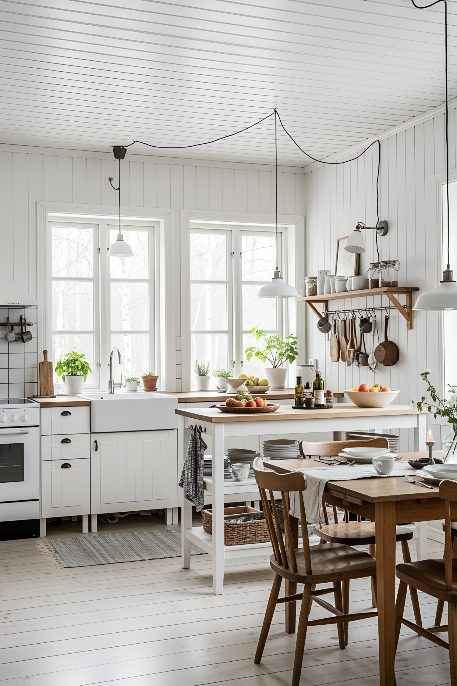 Bright white Swedish kitchen with rustic accents