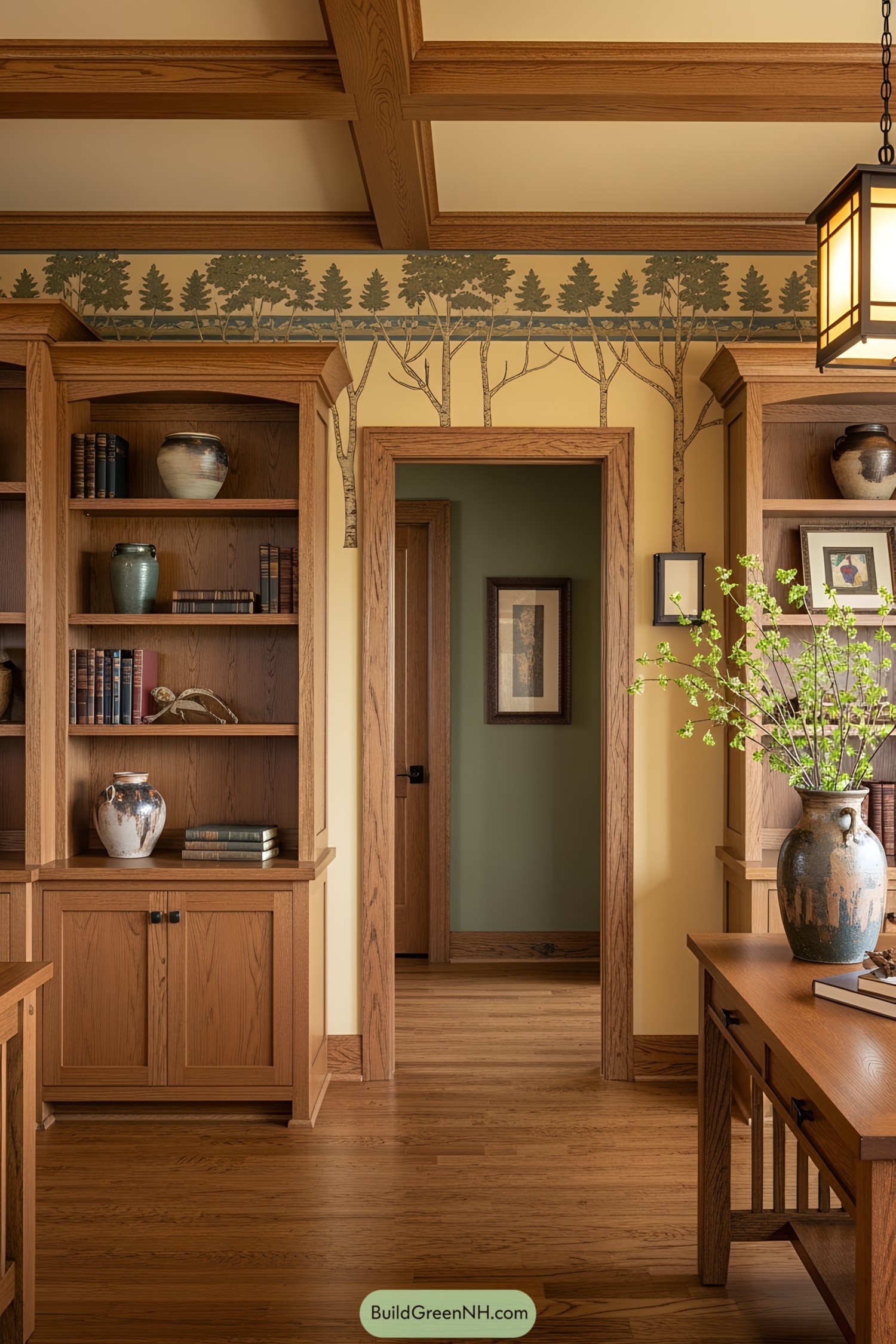 Rustic interior with wooden shelves and tree-themed wallpaper