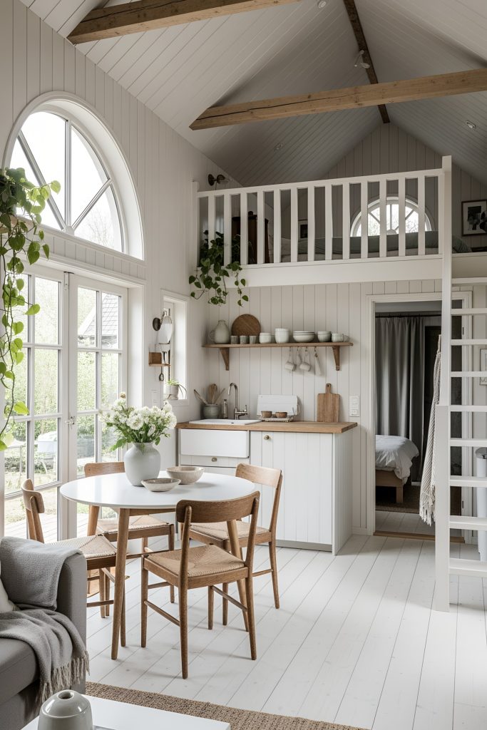 Living and dining space in a tiny cottage presents a rustic, Scandinavian-inspired aesthetic with a soft, neutral color theme dominated by pale wood tones, whites, and subtle sage green accents. The room has vaulted, exposed-beam ceilings and vertical wood paneling on the walls, complemented by whitewashed wooden floors. Large, arched windows invite natural light and offer a garden view, while the peaked ceiling enhances spaciousness. Primary materials include painted wood and natural fibers. Furnishings consist of a compact kitchenette, a small round dining table with wooden chairs, a cozy sofa, and an open staircase leading to a lofted sleeping area with a simple railing. Accessories include minimalist ceramics, kitchenware, and woven textiles. Lush green plants are placed near windows and on shelves, adding a touch of vibrancy.